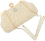 Womens Pearl Evening Clutch Purse - Elegant Handmde Beaded Designer Beige HandBag for Wedding Bridal Party Formal,Elegant Rhinestone Crossbody Shoulder Bag Gift for Lady