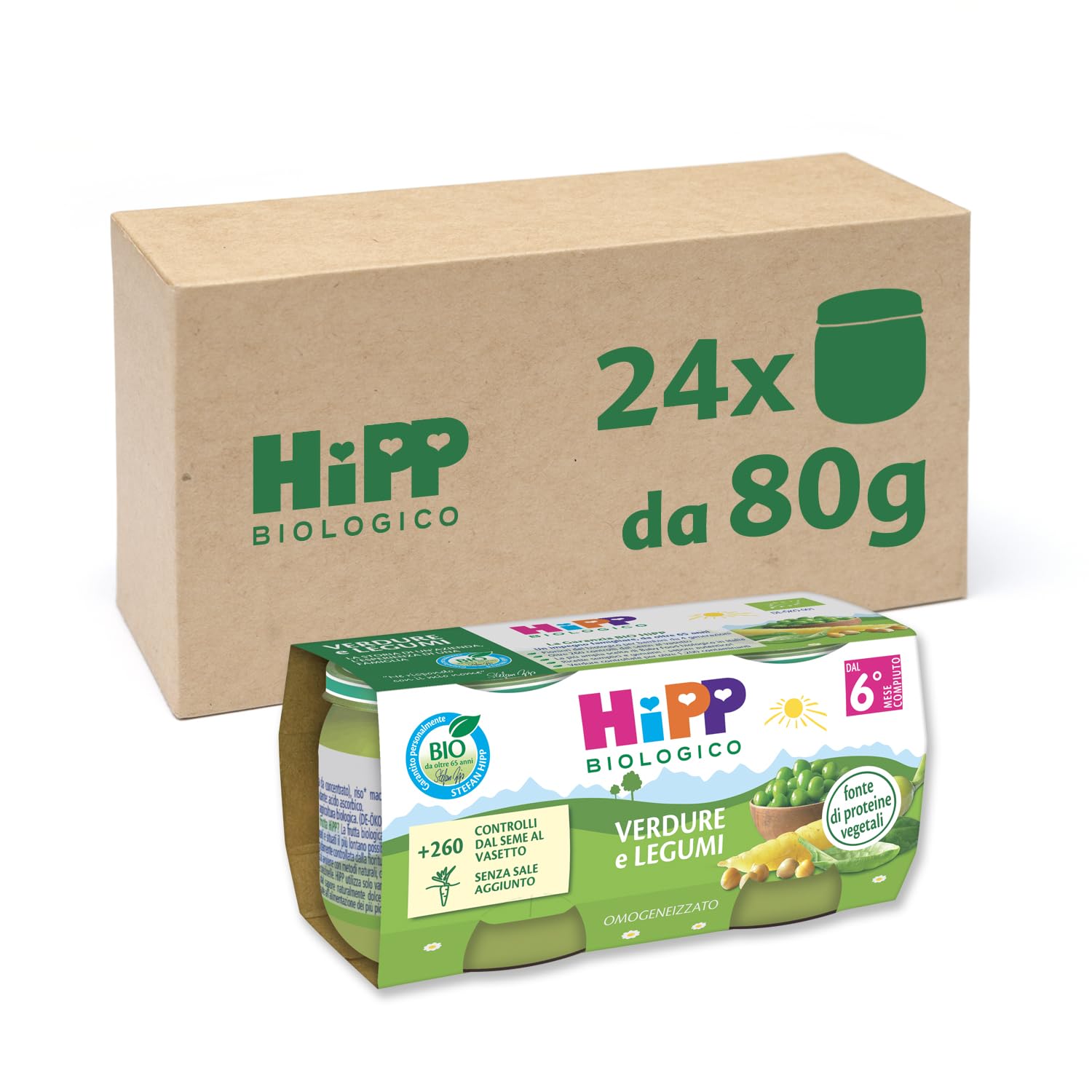 HiPP - Omogeneizzato Biologico per Neonati, Gusto Verdure e Legumi, Fonte di Proteine Vegetali, 24 Vasetti da 80 gr