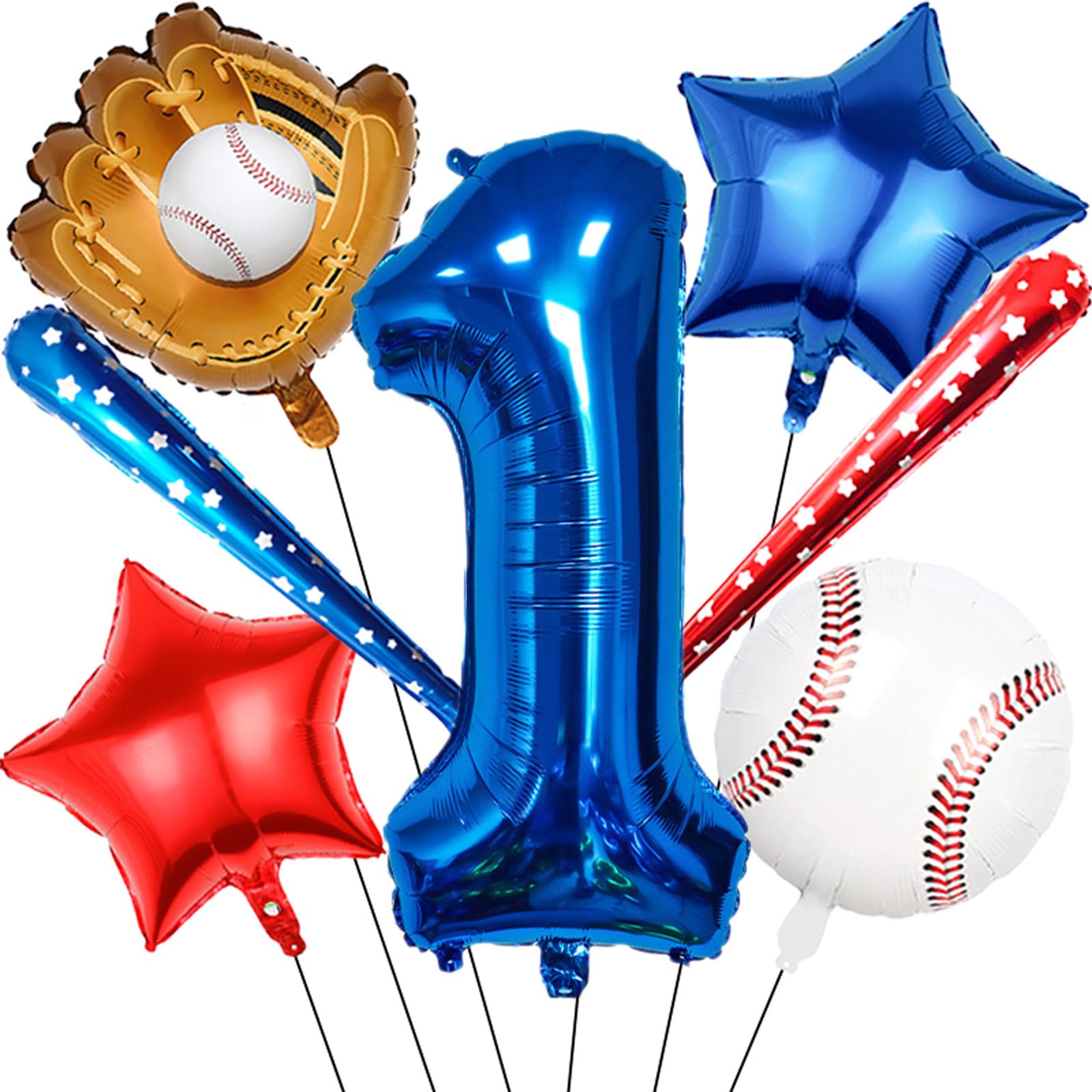 Photo 1 of 1st Birthday Baseball Decorations for Boys - Sports Theme Party Supplies, 40 inch Foil Number 1 Balloon Blue Red White Sports Balloon Kits