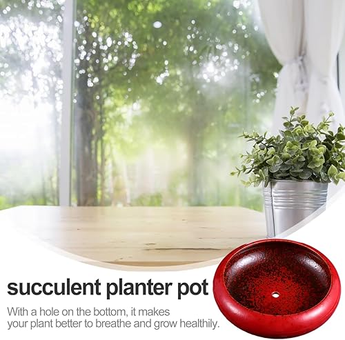 Miniatura 7 de Cabilock Maceta artística retro para suculentas, recipiente de cerámica roja para bonsái, macetas anchas redondas poco profundas para decoración de
