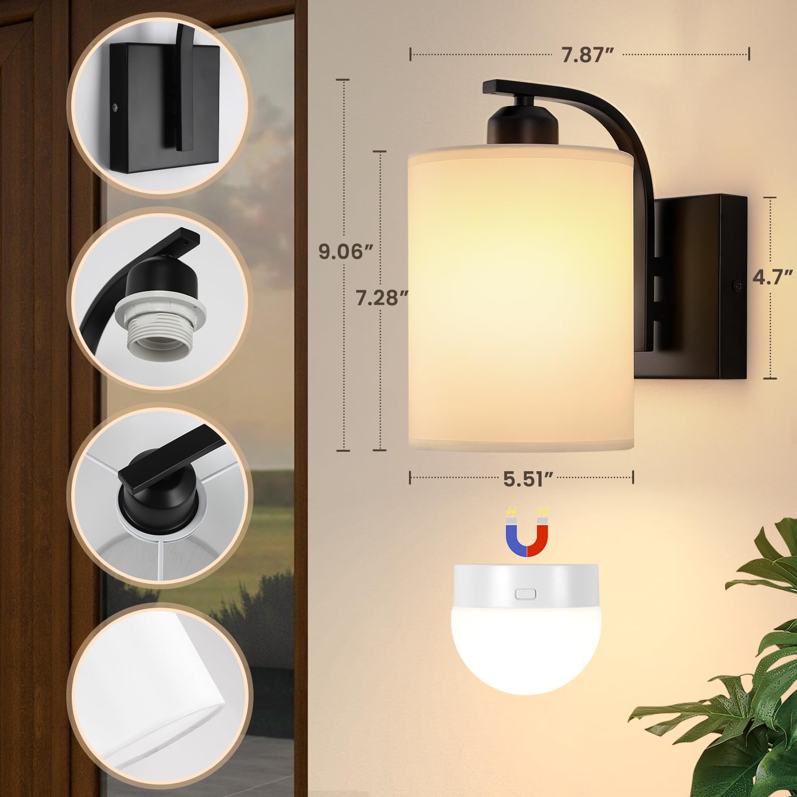 Aplique de pared a pilas con control remoto, juego de 2 luces de pared recargables negras, juego de 2, aplique de pared inalámbrico de 15 colores con bombilla desmontable regulable de 3000 mAh para 5