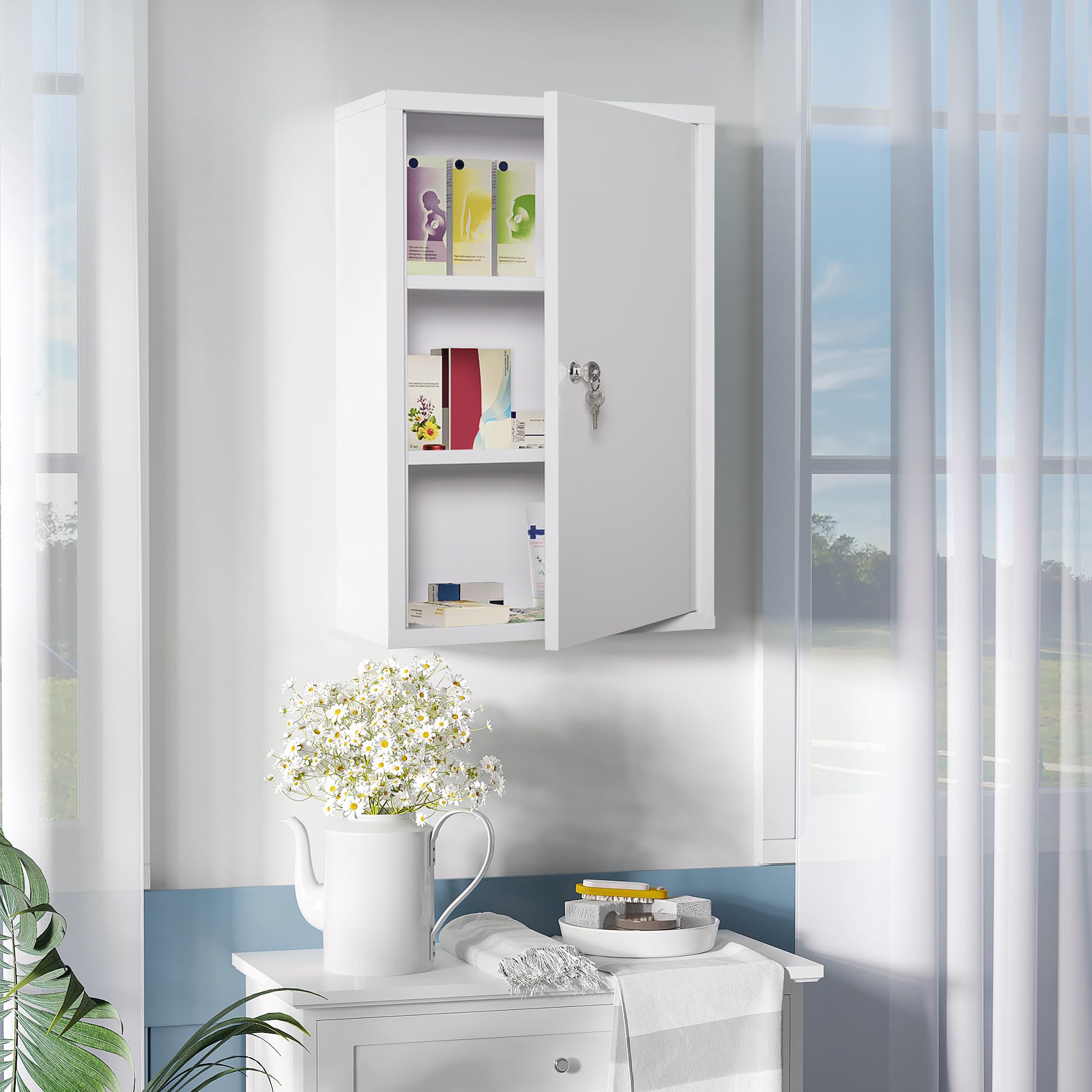 kleankin Medizinschrank Arzneischrank zur Medikamenten-Aufbewahrung, Abschließbar Medikamentenschrank Metall mit 3 Fächern Erste-Hilfe-Schrank, 40 x 18 x 60 cm, Weiß
