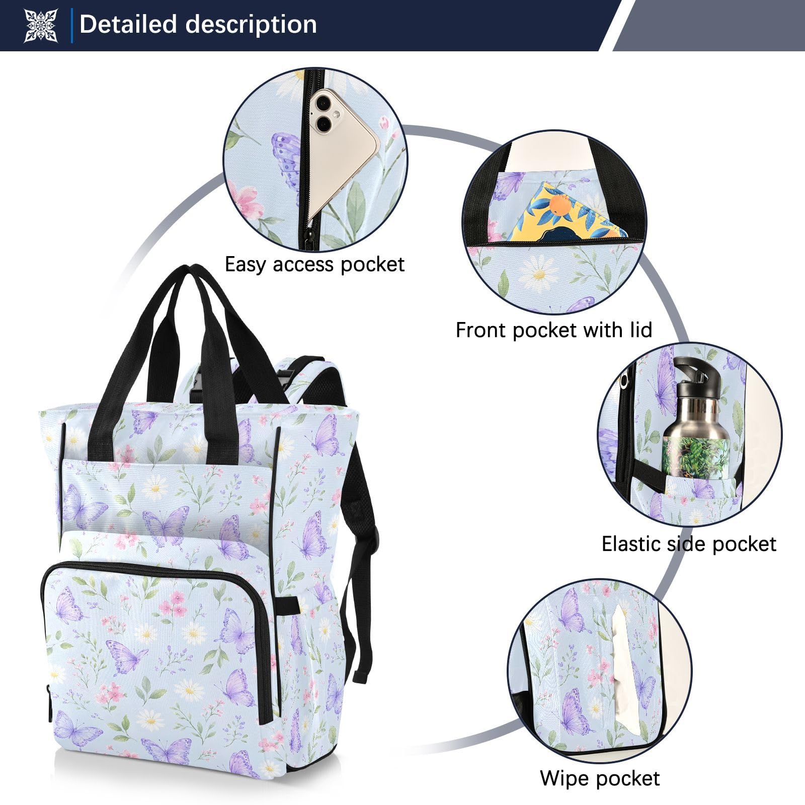 Mnsruu Flwoer Butterfily Borsa per pannolini per bambini, zaino grande, impermeabile, da viaggio, per mamme e papà