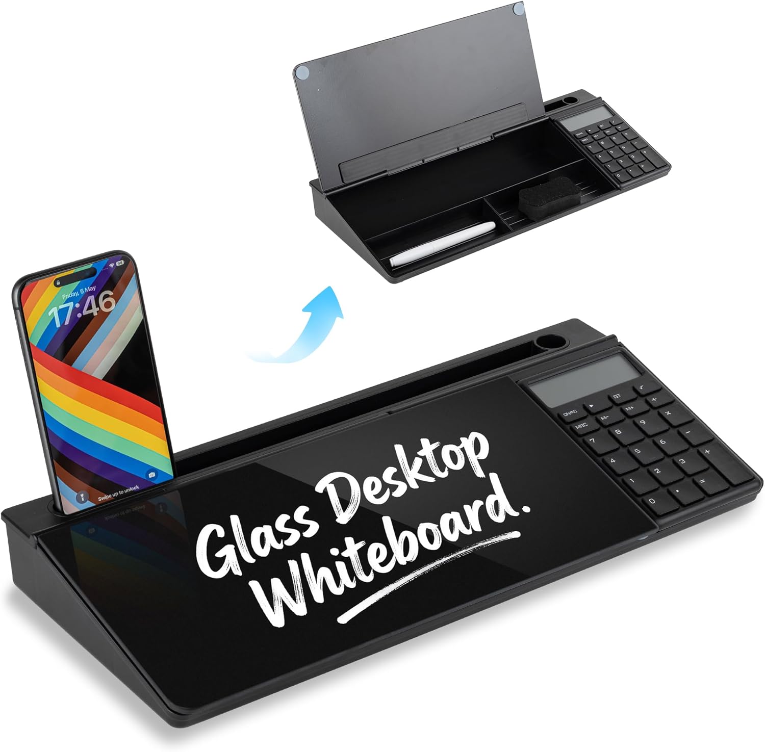 Glass Desktop Whiteboard with Calculator & Storage, Desk Dry Erase Note Memo Board, Compact Desk Organizer for Desk, Home, Study, Office, Back to School Supplies, Black, 2026