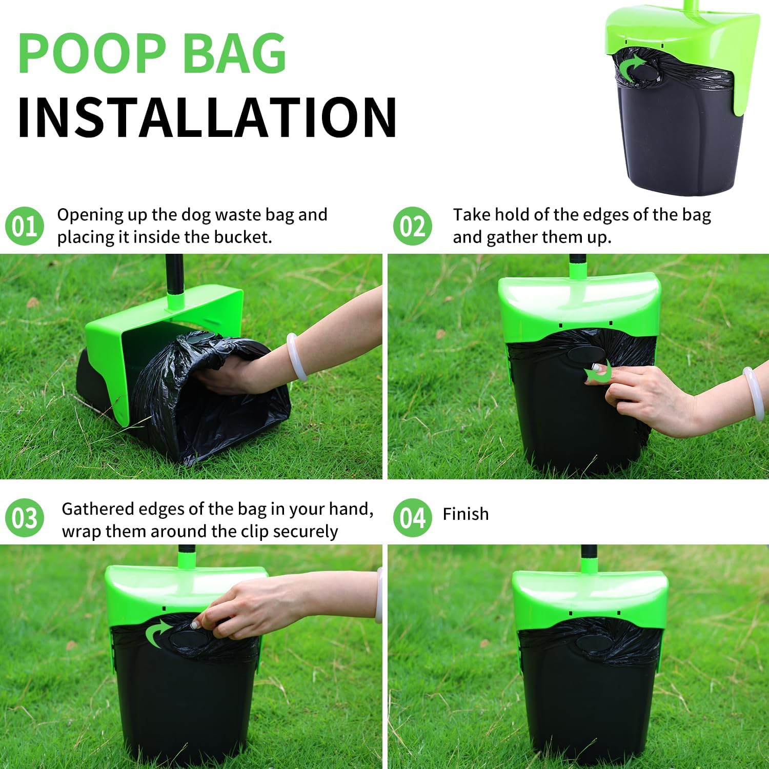 Pooper Scooper Large Swivel Bin & Rake with 160 Waste Bags,Heavy Duty Dog Pooper Scooper with Bag Attachment for Dogs, Long Handle Poop Scooper with Lid for Yard, Grass, Gravel(Green)