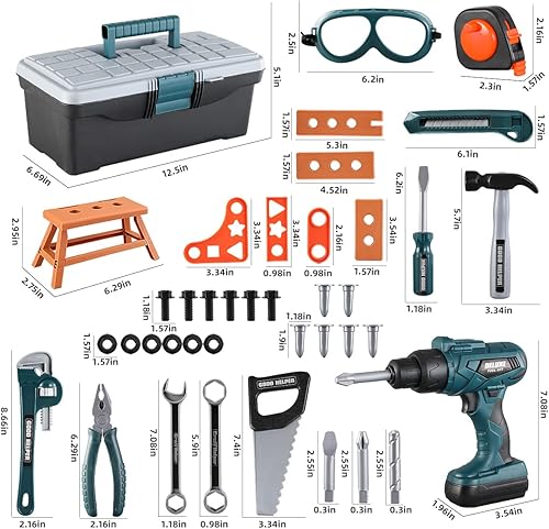 Vista 14 de Zealous - Banco de herramientas 3 en 1 para niños pequeños, 79 piezas, con caja de herramientas y taladro electrónico de juguete, juego
