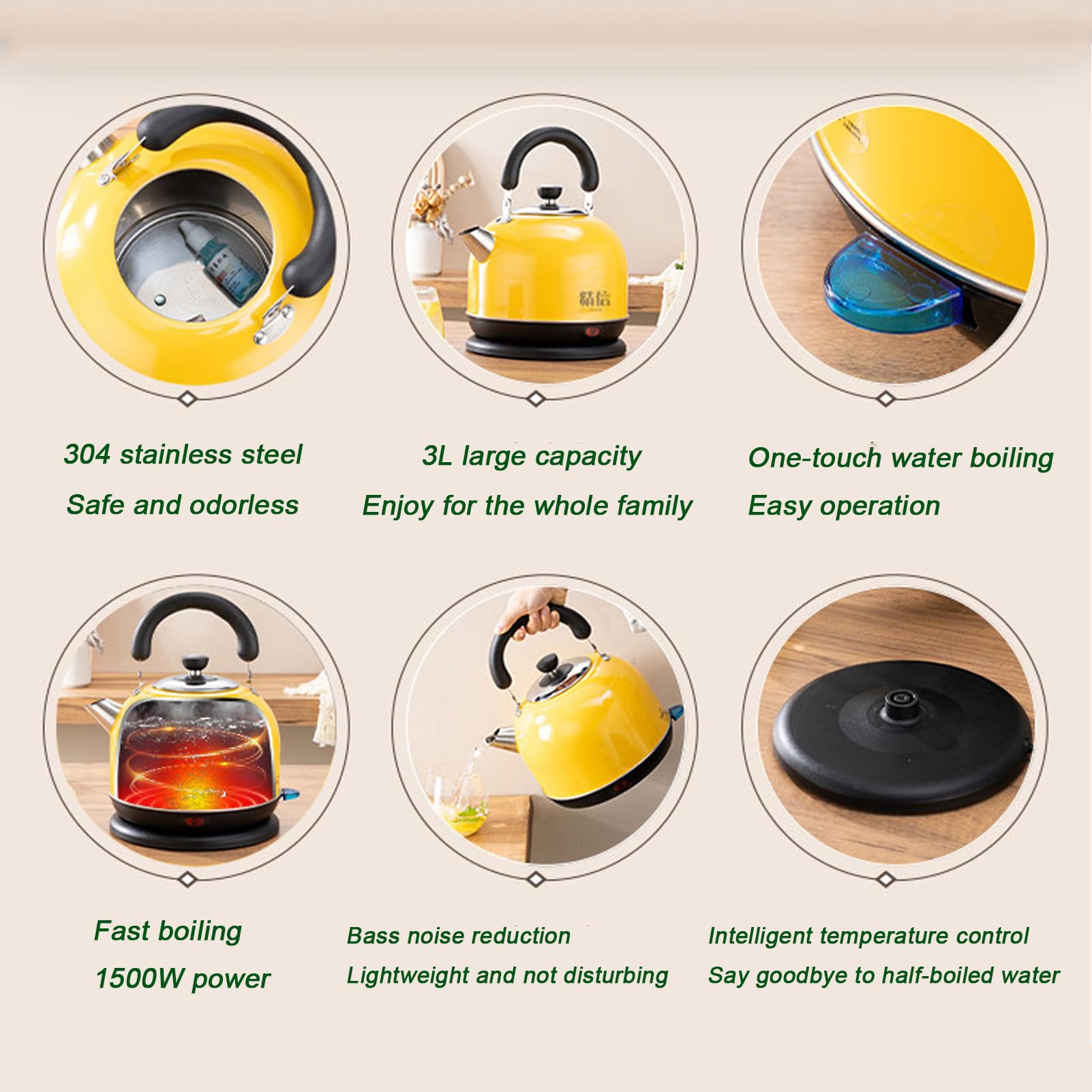 Hervidor eléctrico de ebullición rápida, 3 L, acero inoxidable 304, 1500 W, para agua caliente, té o café (plateado, 3 L)