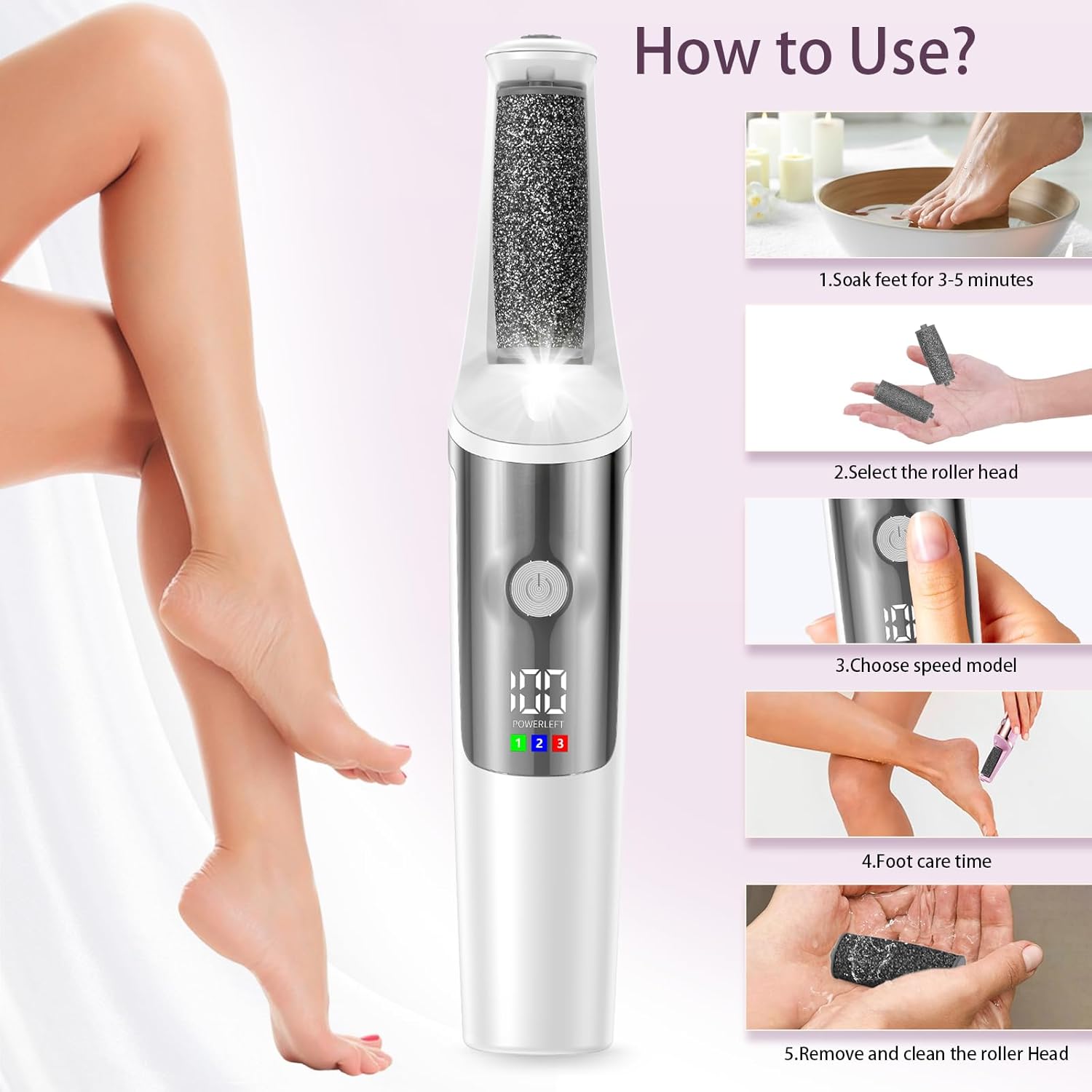 Electric Foot Callus Remover, Rechargeable Electronic Foot File Foot Scrubber Pedicure Kits, Professional Pedicure Tools Smooth Pedicure Wand, Foot Care for Dead Skin Ideal Gift, 3 Rollers,3 Speeds - Image 5