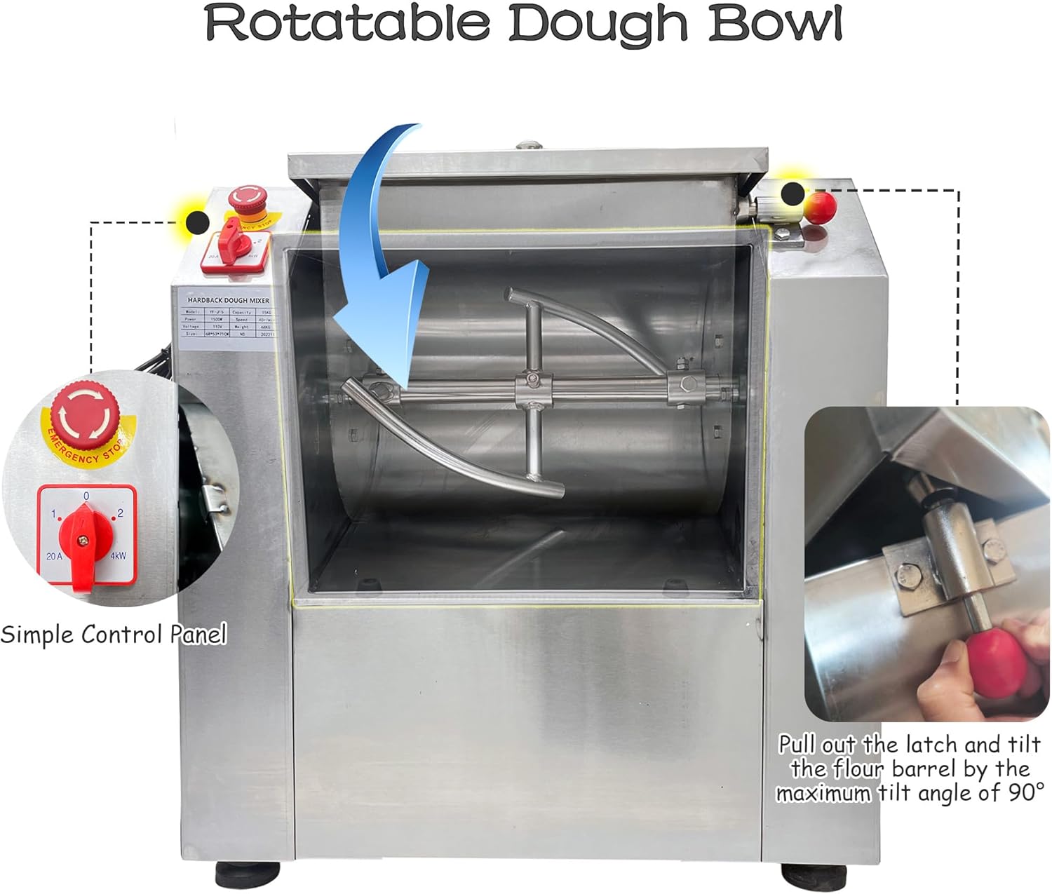 INTSUPERMAI 110V Commercial Dough Mixer Machine 15 KG Kneading Capacity Electric Food Mixer Flour Mixer1500W/2HP for Dough Mixing Kneading