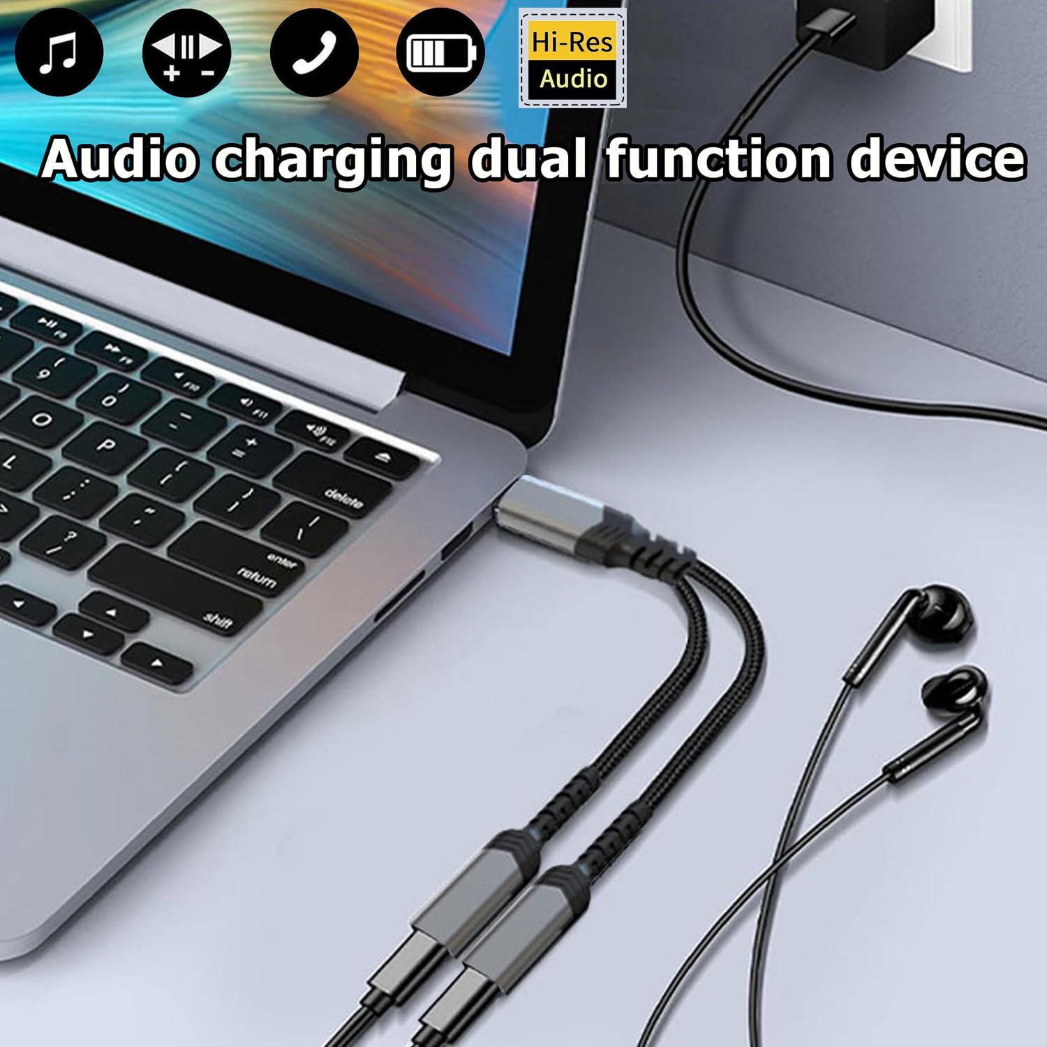 SZAWINLI Type C Distributor,Dual USB C Headphone and Charger Adapter,2-in-1 USB C Audio and PD 60W Fast Charging Distributor,Suitable for iPhone 16/15,iPad,MacBook,Galaxy S24/S23 (Gray)