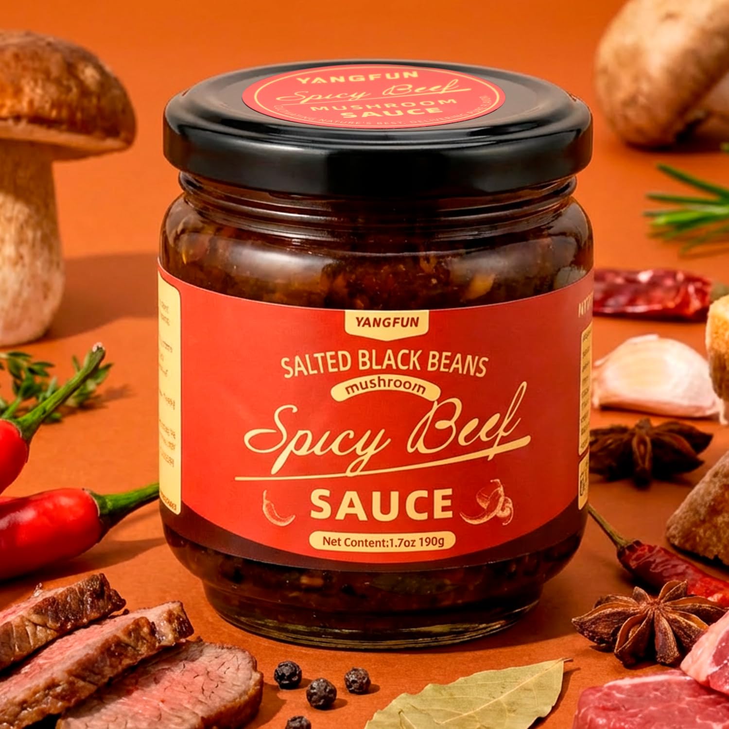 YANGFUN Spicy Beef Sauce， Mushroom Sauce，Chili Sauce，Chili Paste，Ready-to-eat，1.7oz
