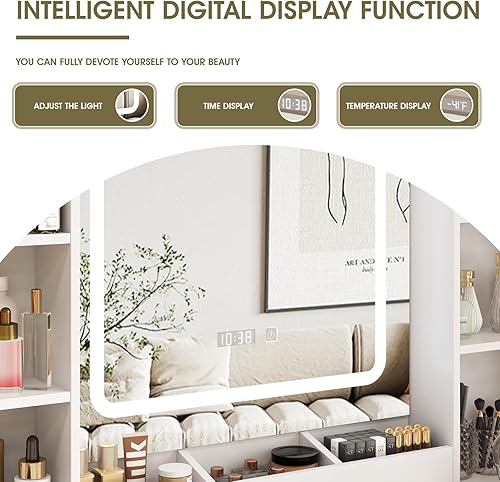 Miniatura 3 de Vabches Escritorio de tocador de maquillaje, espejo de tocador con luces, escritorio y silla, mesa de tocador blanca con grandes cajones y estantes