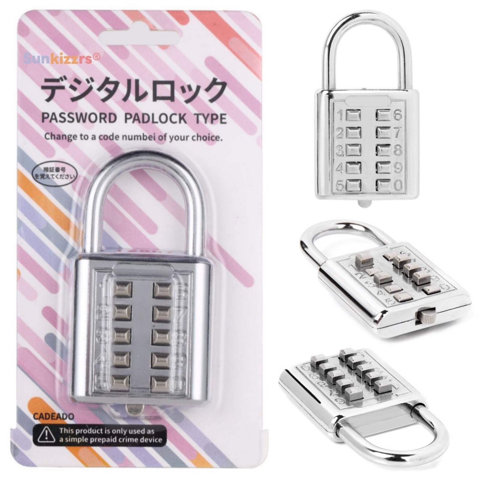 Sunkizzrs® 10 Digit Push-Button Combination Number Code Luggage Lock Travel Code Lock Luggage Padlock for Door/Bag/Luggage/Gym Locker/Motorcycle Trunk/Helmet Silver