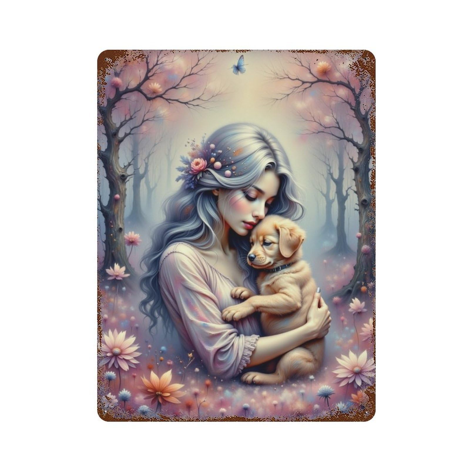 Enchanted Forest with Puppy Weathered Tin Sign 15.7"x11.8", Rustic Home Decor for Garage, Bar And Workshop Decor