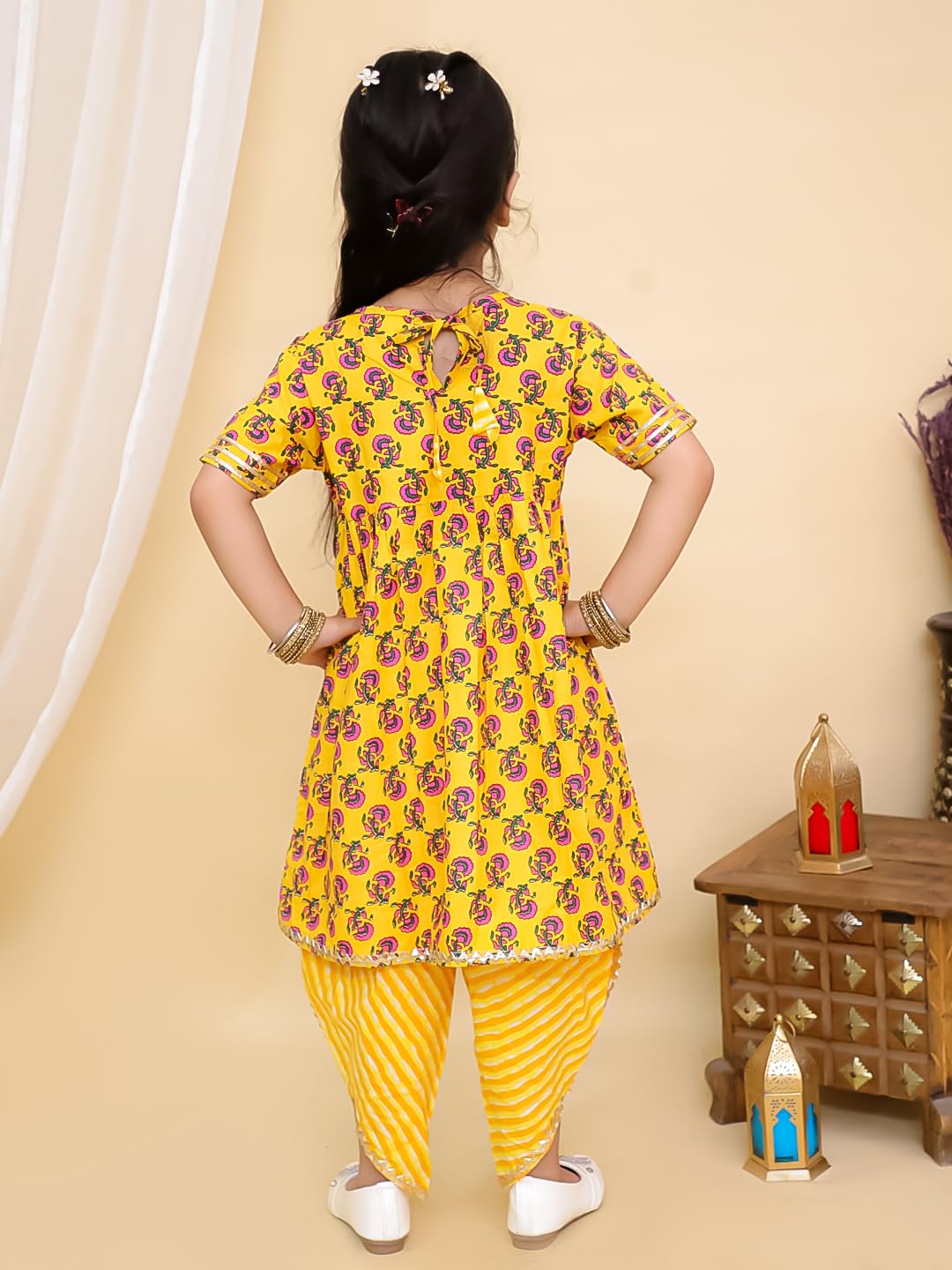 superminis Cotton Blend Baby Girls Printed Frock Style Kurti With Dhoti Style Salwar Ethnic Dress & Outfit (Yellow, 12-18 Months) 3