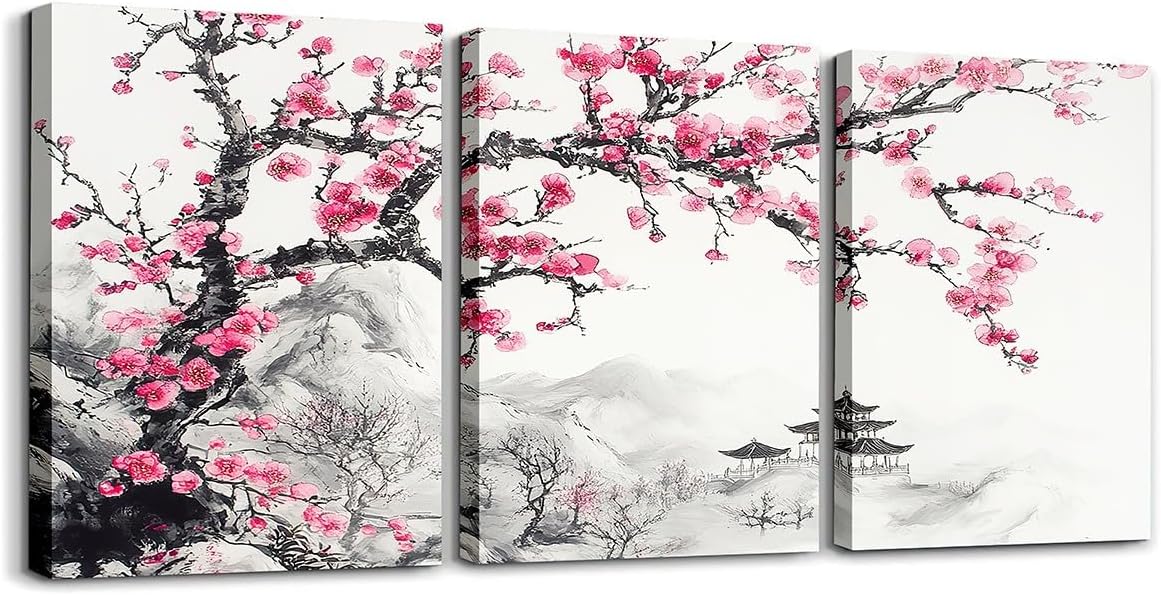 Erosebridal Japanese Flower Canvas Wall Art Cherry Blossom Wall Decor Pink Floral Pictures Prints For Bedroom Bathroom,Ink Painting Framed Posters Paintings 3 Piece 12"X16"