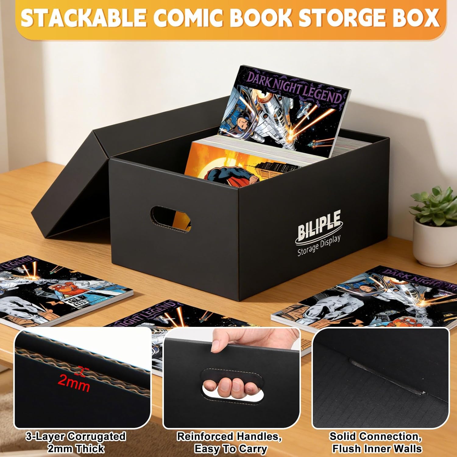 6 Pack Comic Book Storage Box 15.8" X 7.2" X 10.7", Thick Cardboard Comic Book Box with Lids, Holds 150-175 Current/Silver Age Comic, Stackable Bin Comic Organizer Case for Collecting Supplies, Black