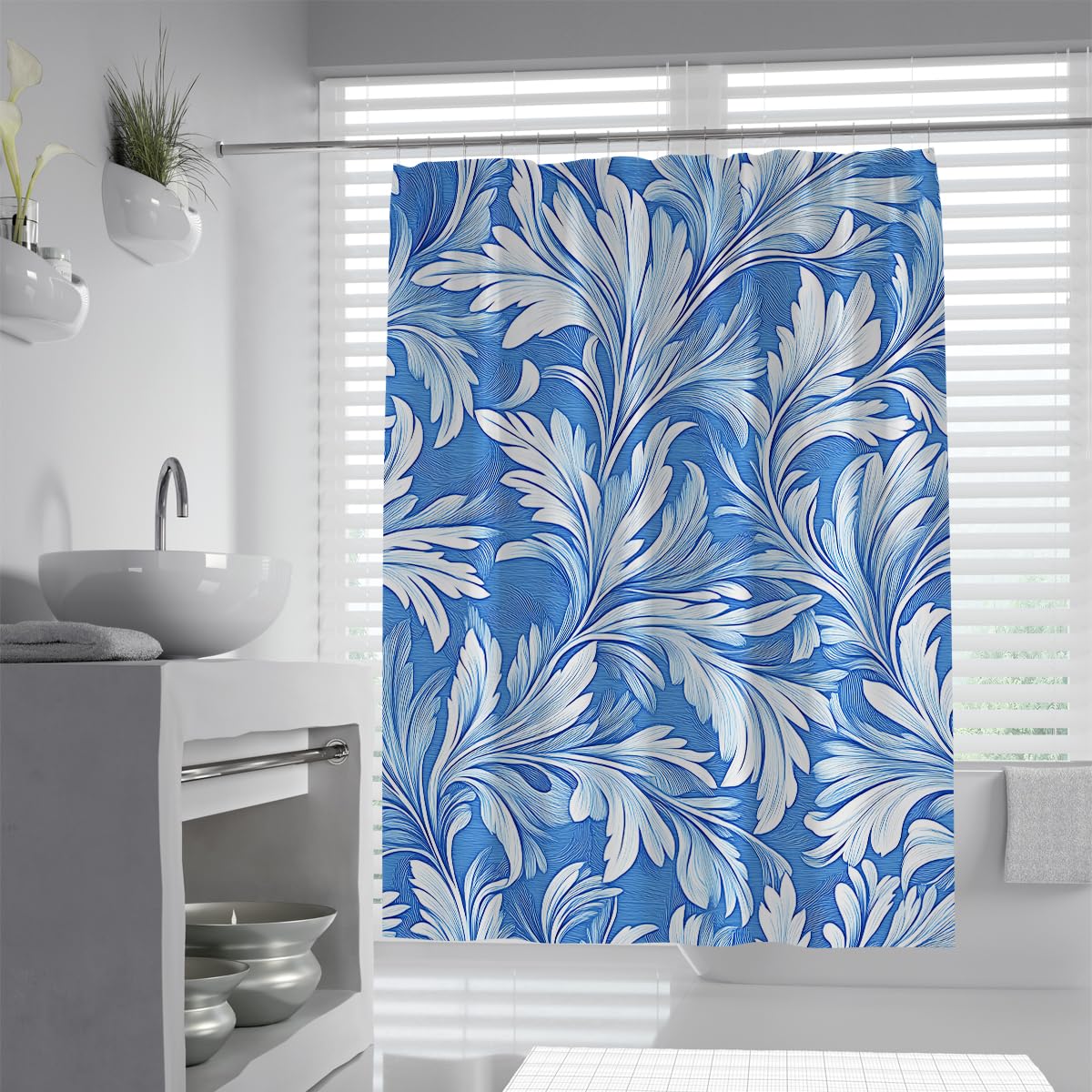 OLLIAR Home Acanthus Leaf Shower Curtain Liner 180x180 Farmhouse Botanical Fabric Shower Curtains for Bathroom Waterproof Fabric Blue Bath Curtain with Hooks