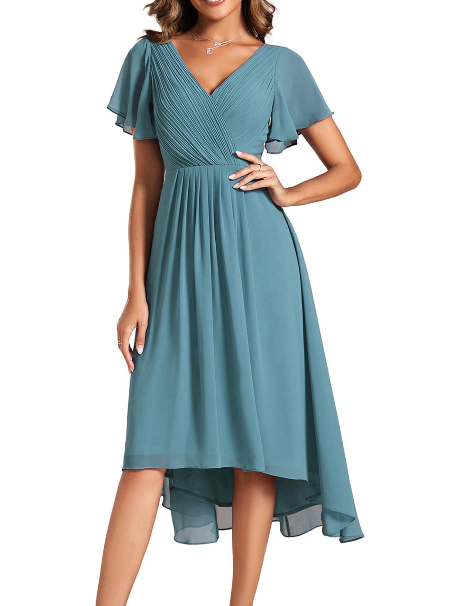 Ever-Pretty Robe d'été courte en mousseline de soie plissée avec col en V et manches volantées 01923