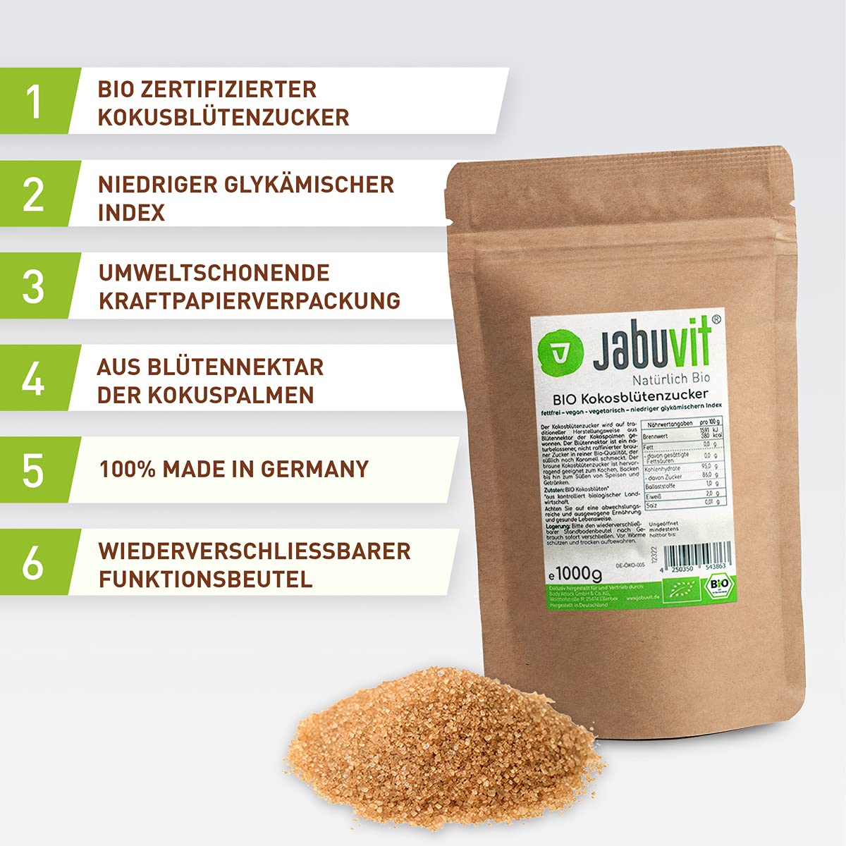 JabuVit 1000g Kokosblütenzucker BIO-zertifiziert & umweltschonend - Kokoszucker vegan aus Blütennektar der Kokospalme - Blütenzucker Made in Germany