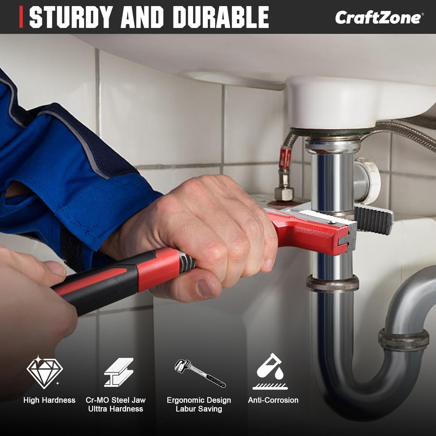 F-Type Pipe Wrench with Adjustable Large Opening Up to 80mm, Heavy Duty Steel Plumbing Tool with Drop Forged Jaw for Pipe Work and Comfortable Use