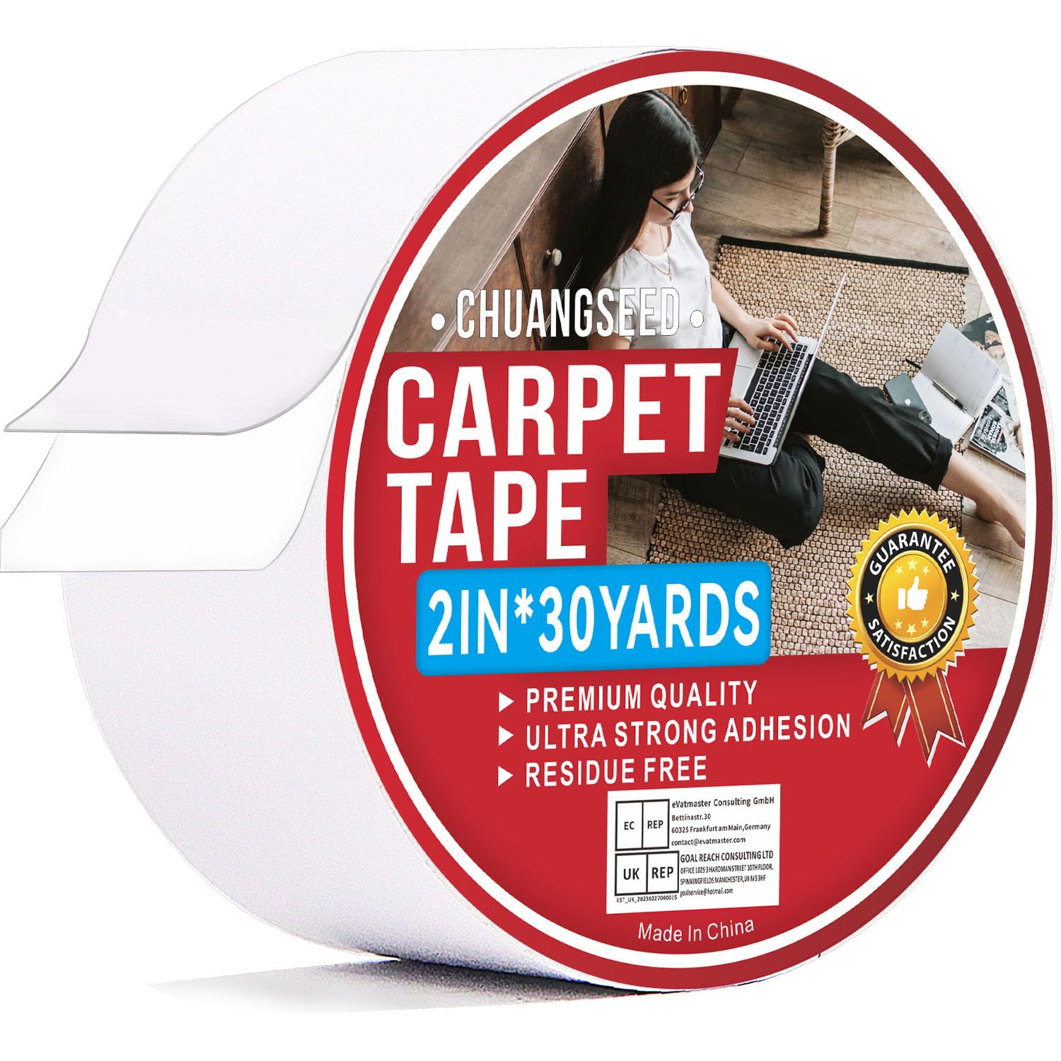 CHUANGSEED Heavy Duty Double Sided Carpet Tape 2X30Y suitable for such as fixing carpets, tiles, wood, mats & waterproof and non-slip design (2x30Yards)