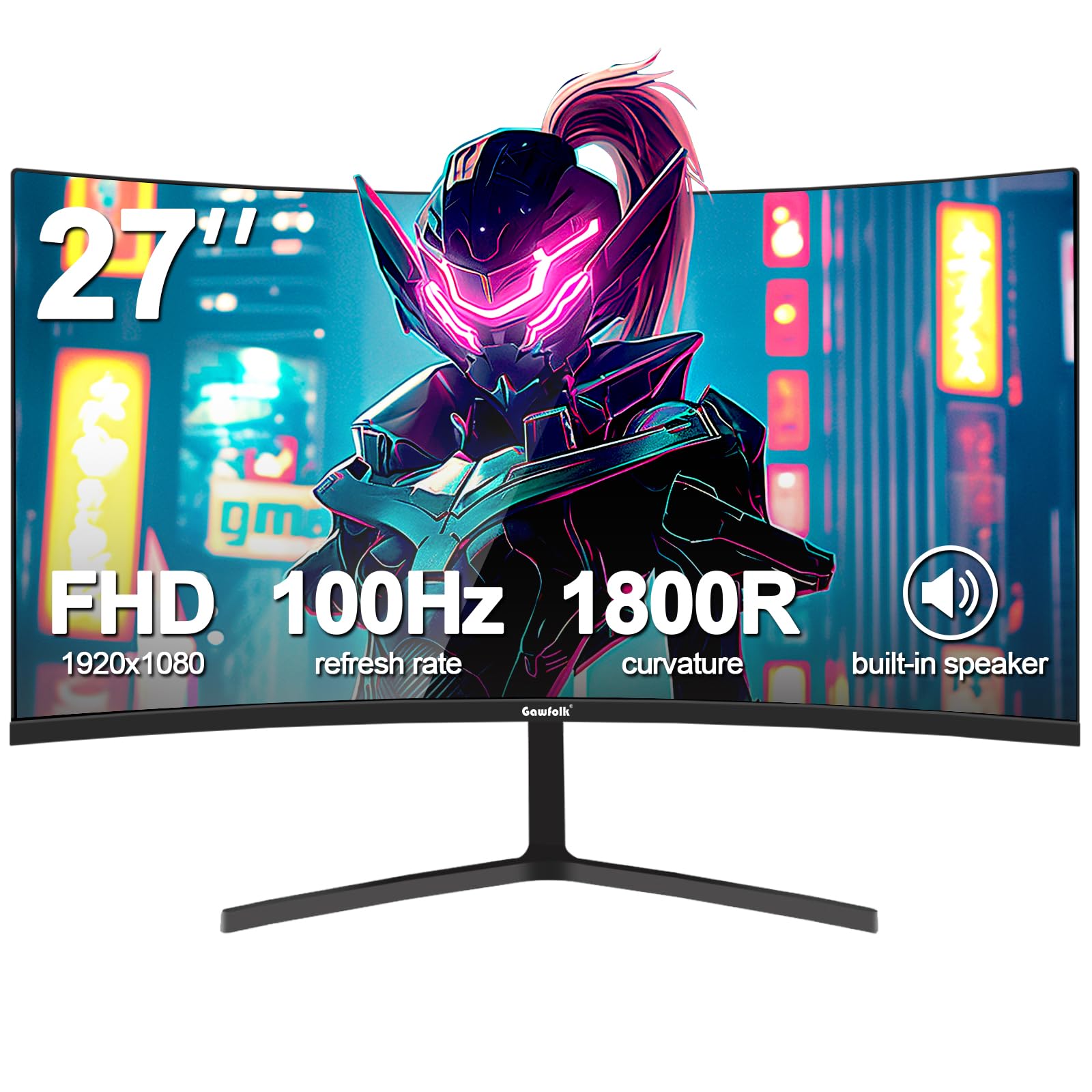 Gawfolk 27 inch Gaming Monitor Full HD 100Hz Built in Speaker Curved 1800R Computer Monitors 1080P Frameless Display Screen 100% sRGB 300cd/m² Brightness Suitable for office, home and entertainment