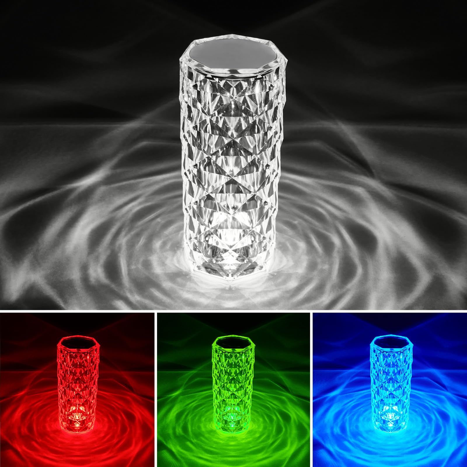 BRILONER - Lampe de chevet à batterie, Lampe de table sans fil, Lampe LED RGB avec télécommande, Lampe de table cristal touch, Lampe de lecture de camping, Transparent, Câble USB-C, 215x90mm (HxD)