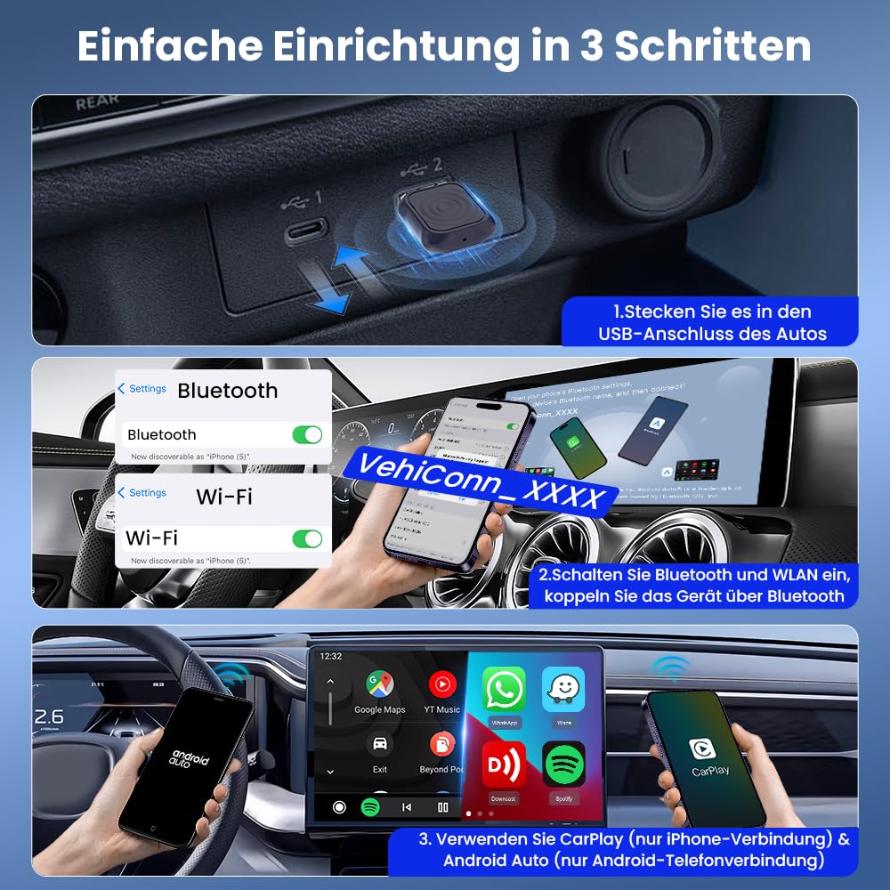 CarlinKit 2026 kabelloser CarPlay & Android Auto Adapter, Upgrade von kabelgebundener auf kabellose Verbindung, Plug & Play mit USB-A/Typ-C, Funktioniert mit iPhone iOS 10+ & Android 11.0+