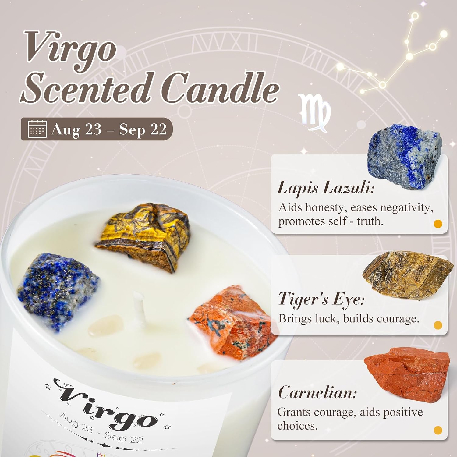 Virgo Gifts for Women, Zodiac Lavender Crystal Candle, 7 oz