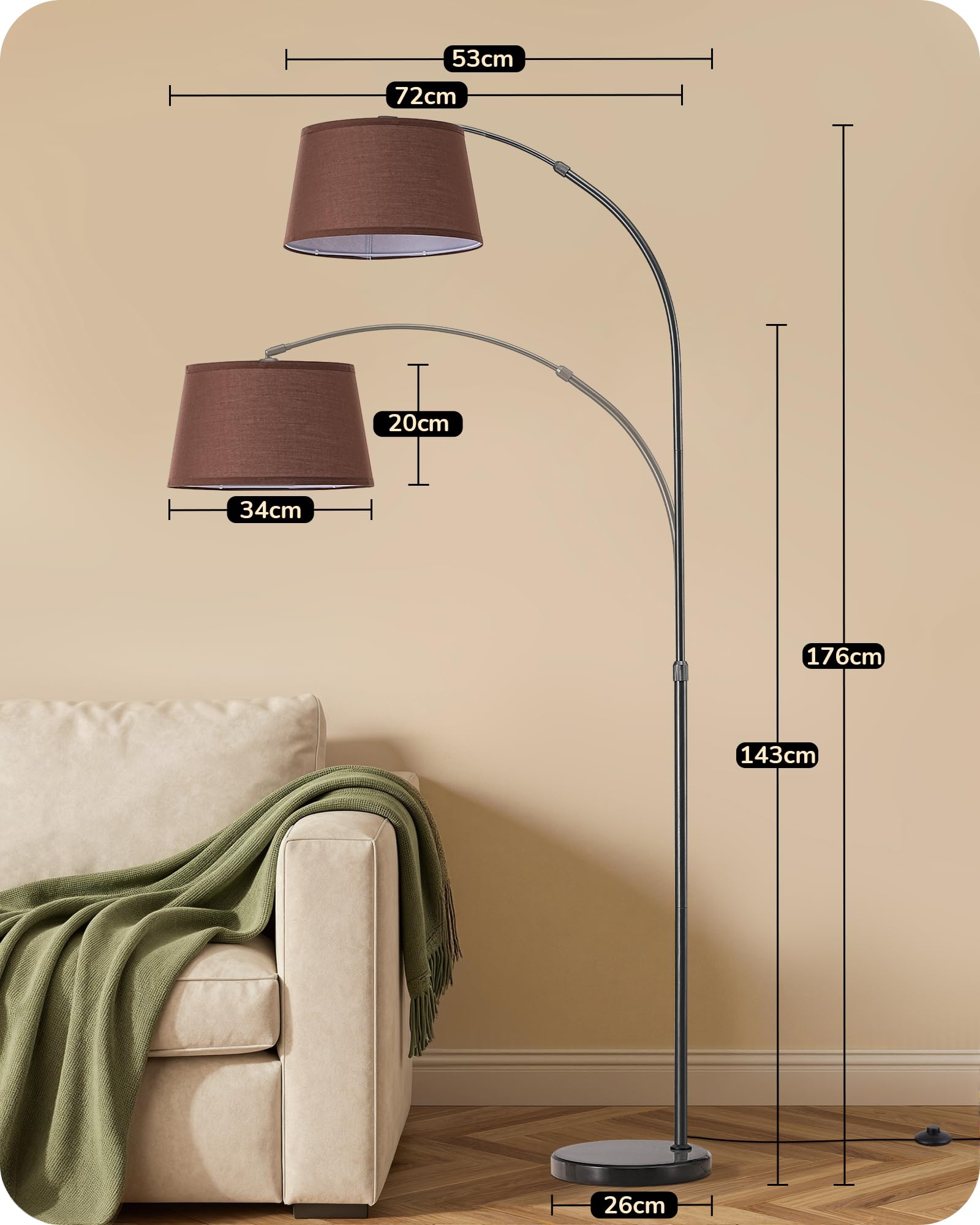 EDISHINE Lampada da Terra per Soggiorno, Altezza Regolabile 143-176 cm, Lampada ad Arco con Testa Rotante, Struttura in Metallo, Telecomando Magnetico, Dimmerabile, Attacco E27 con LED 9W Inclusa