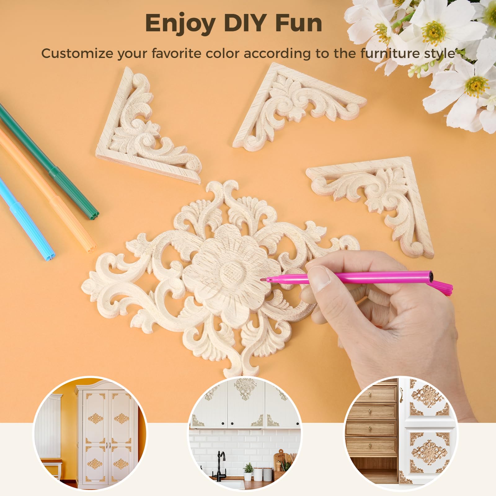 20pcs(4 Pack) Wood Appliques Decorative Carved Onlays, Wooden Carved Appliques DIY Decoration for Wood Furniture, Wood Carving Decals for Wall Cupboard Door Bed Cabinet