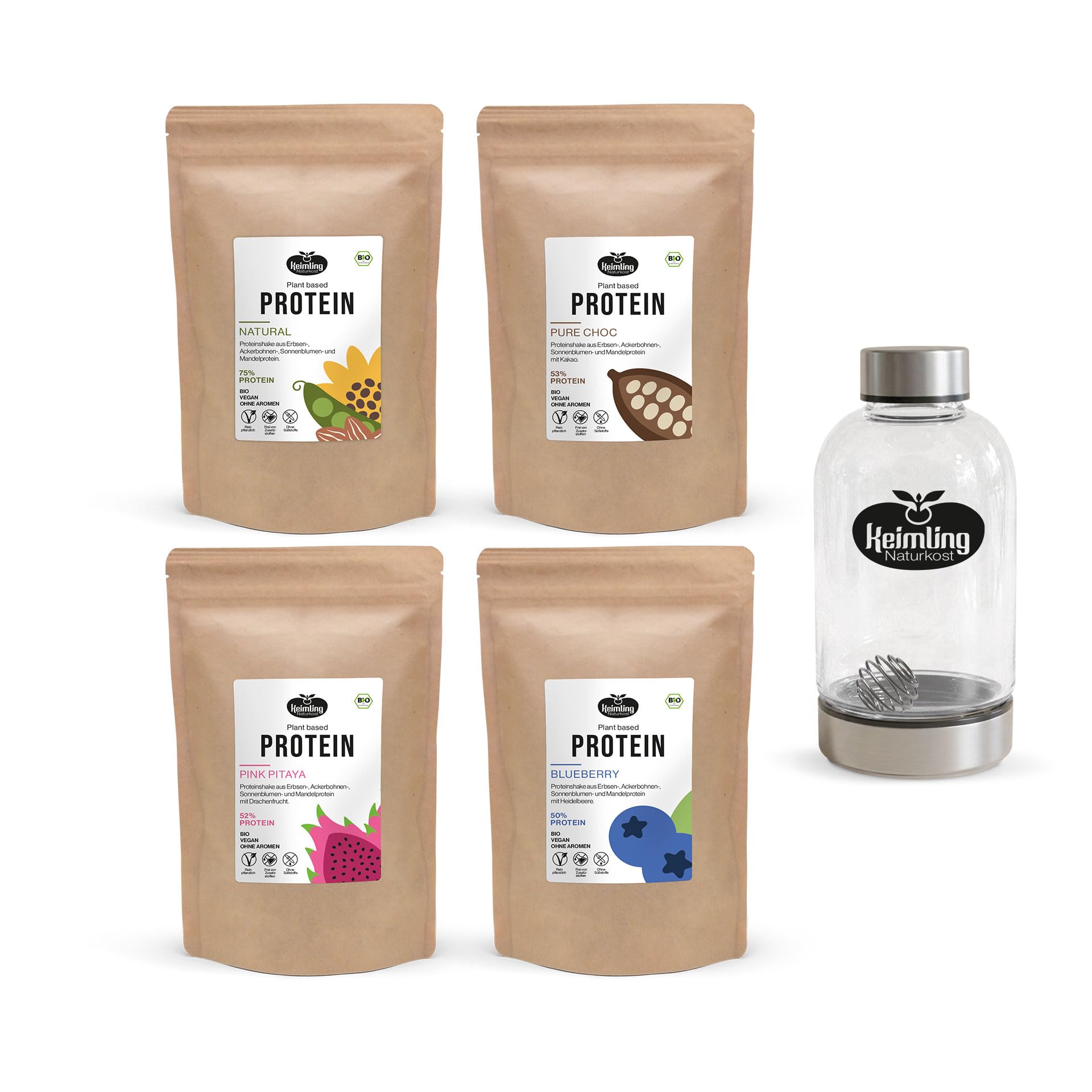 Keimling Bio Vegan Proteinshake Mix Bundle 2000 g – 4 vegane Proteinpulver Natural, Blueberry, Pink Pitaya & Pure Choc – pflanzliches Eiweiß in Bio-Qualität inkl. Glasshaker