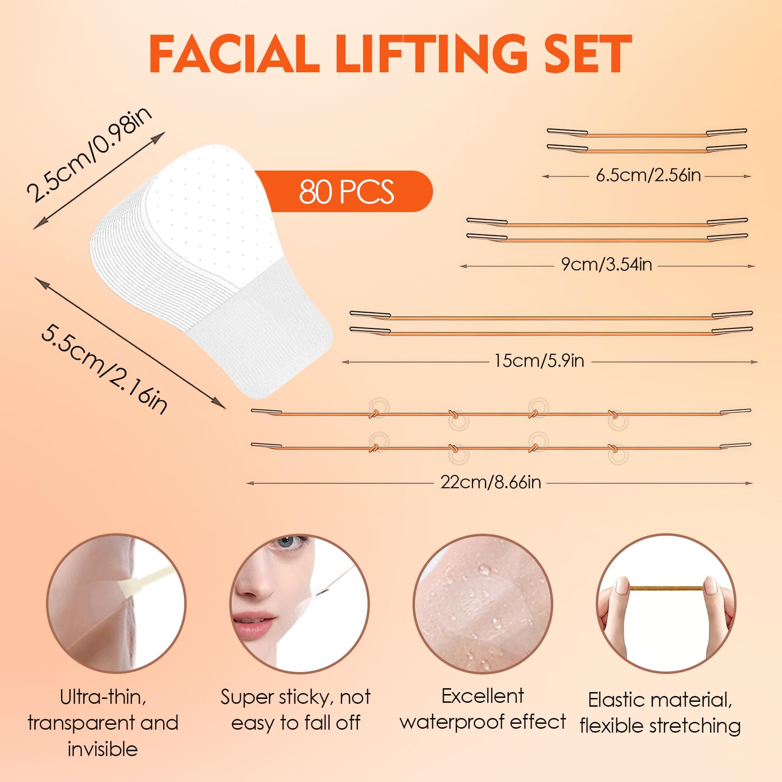 Set de 80 Tiras Invisibles y 4 Cordones – Efecto Lifting Instantáneo para Rostro, Cuello y Ojos