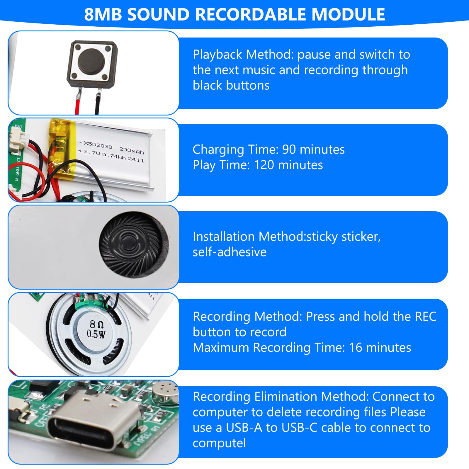 Zestaw 3 modułów dźwiękowych USB MP3 z głośnikiem, nagrywanie głosu, akumulator, do 8 m