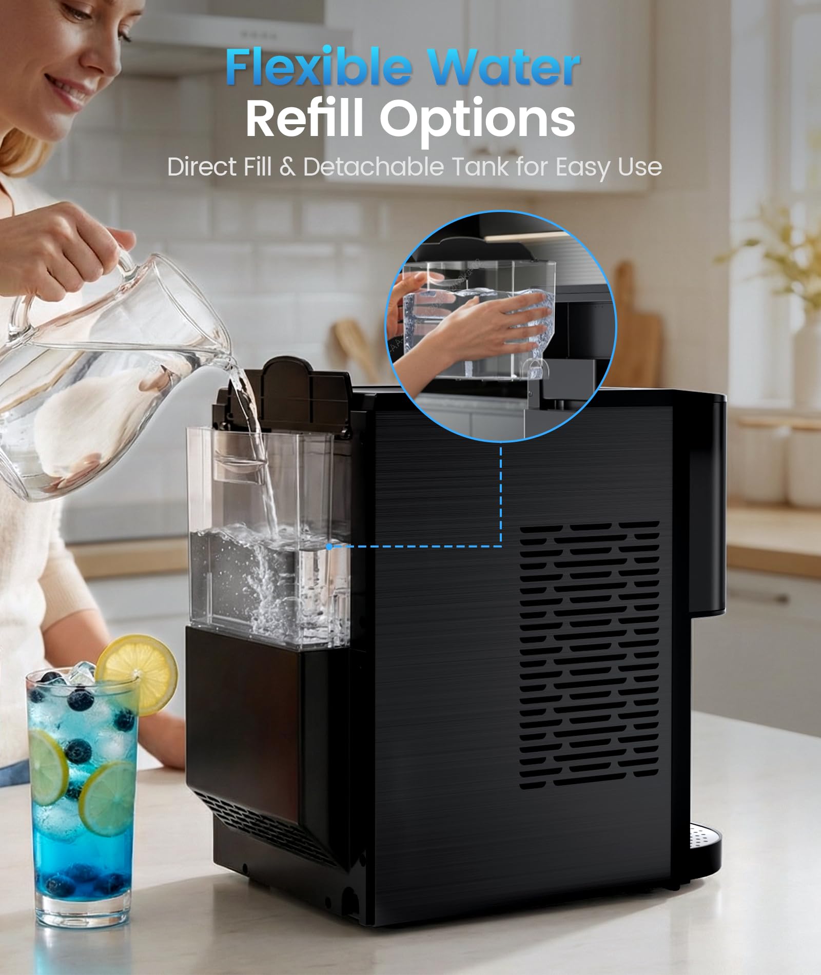 Antarctic Star Nugget Ice Maker Countertop With Soft Chewable Ice, 44lbs/24h Portable Pellet Ice Machine With Self-Cleaning, One-Click Operation, For Home/Kitchen/Office, Stainless Steel, Black on Fridge.com - View 6