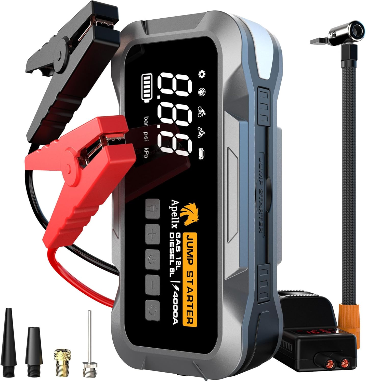 12V 4000A High-Power Car Jump Starter – 24,000mAh Battery Booster with Air Pump & LED Light 150 PSI, 12L Gas or 8L Diesel – Portable Power Bank for Cars, Trucks & SUVs