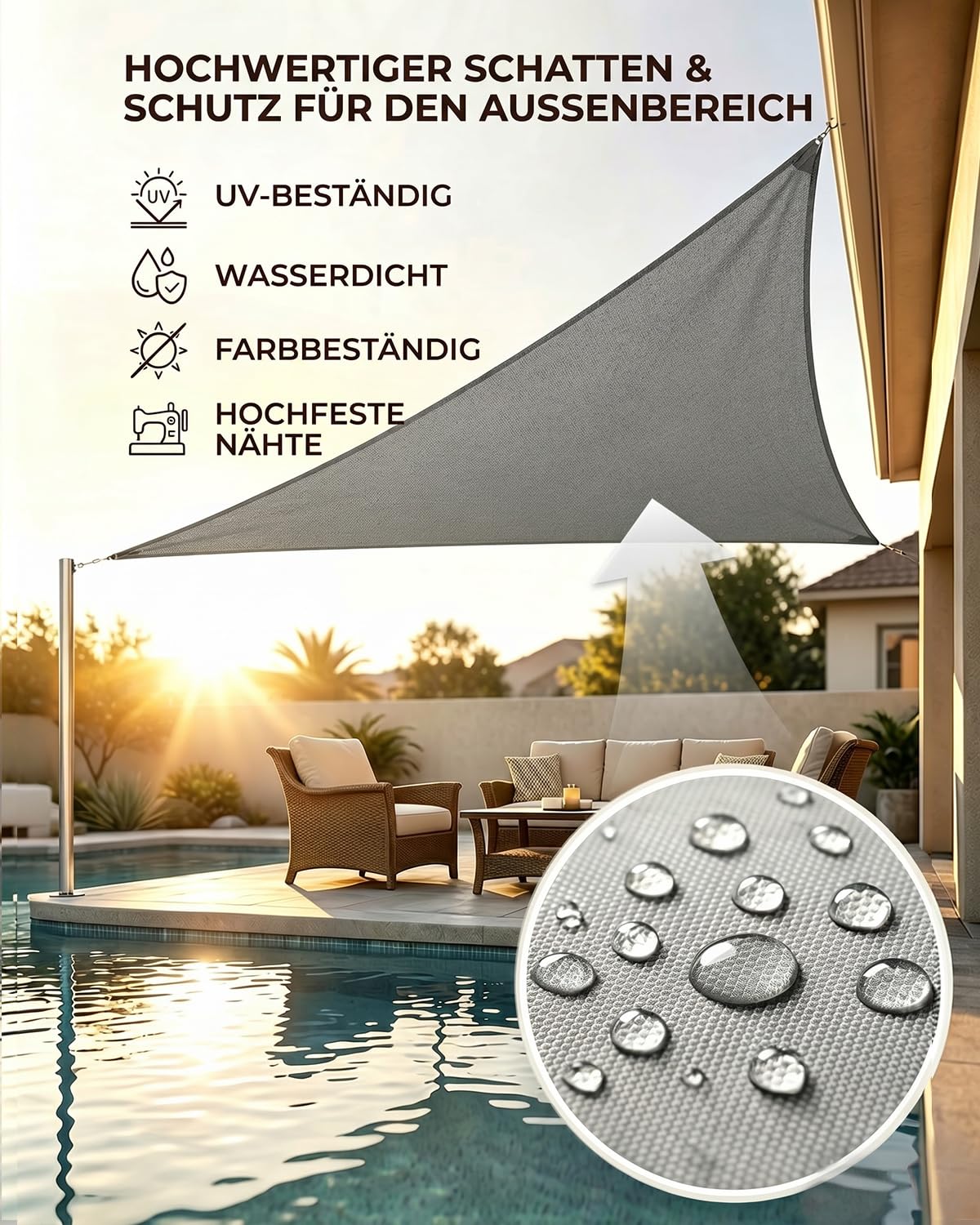 Sonnensegel Dreieckig 3x4x5m Wasserdicht, Sonnenschutz Windschutz, Premium HDPE Wetterbeständig Atmungsaktiv mit 95% UV-Schutz, Reißfest mit Befestigungsset für Balkon, Garten, Terrasse (Anthrazit)