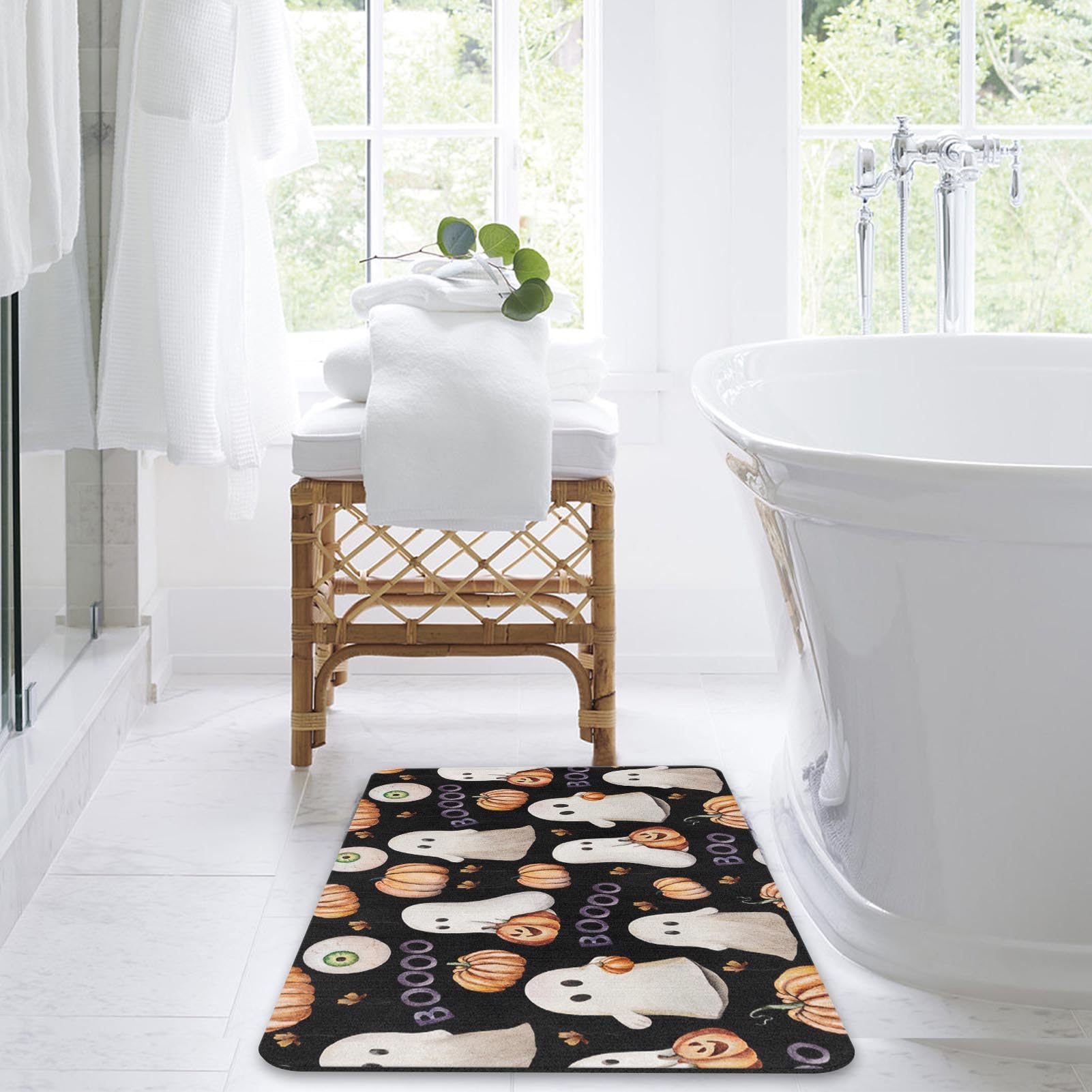Tapete de baño con diseño de fantasma de Halloween, diseño de calabaza vintage, de secado rápido y súper absorbente, tapete de goma antideslizante con parte trasera de goma de 17 x 30 pulgadas 7