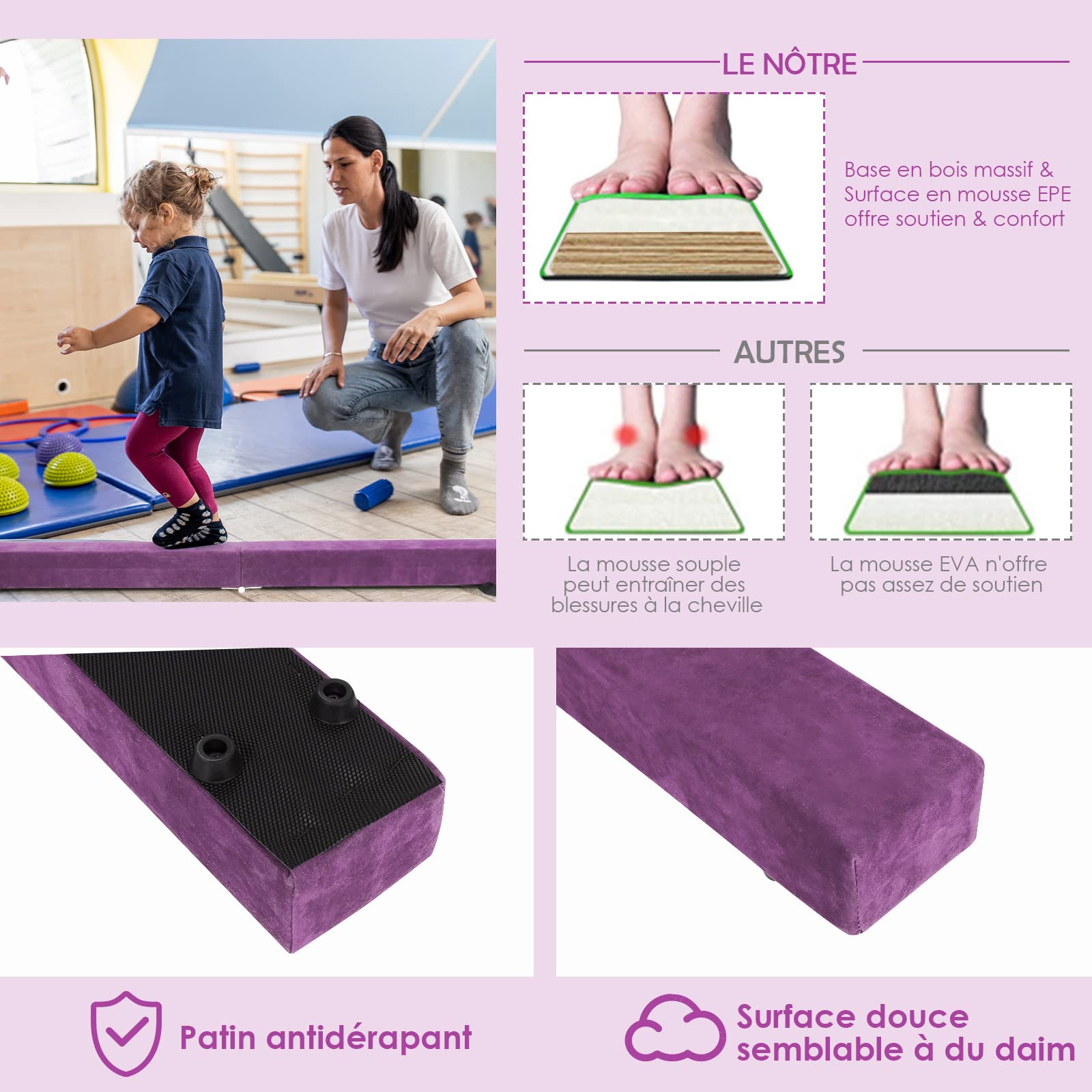 COSTWAY Poutre de Gymnastique Pliable, Barre de Gymnastique au Sol Portable en Mousse avec Housse en Daim Amovible et Fond Antidérapant Poignées, pour Enfants, Gymnastes