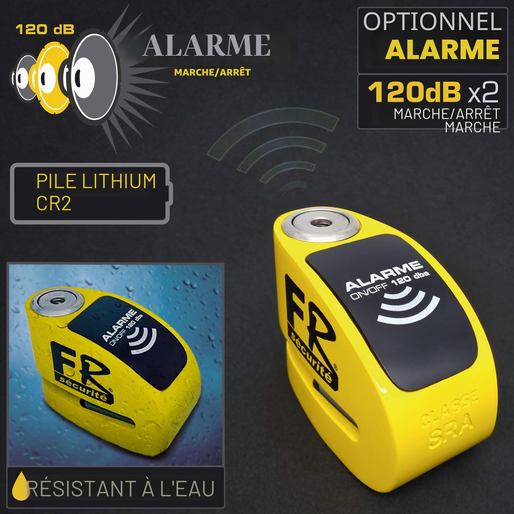 FR Sécurité FR410Y Antivol Moto Homologué SRA Bloque Disque Alarme 120dB Activation Optionnelle, Plus Dissuasive Haute Sécurité Anti Vol, Serrure Anti-Perçage, Bloc Cadenas Motos Scooter
