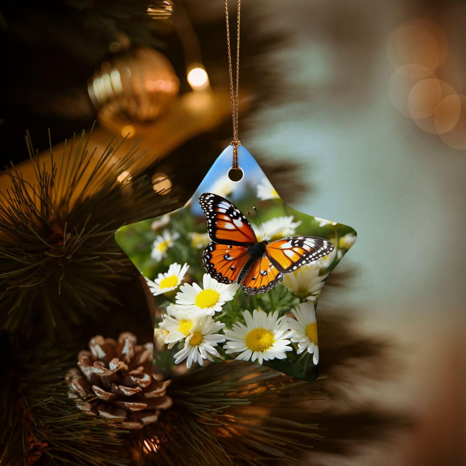 Christmas Ornaments for Christmas Tree Decoration Hanging Butterfly on Daisy Flower Ornament with Gold Ribbon Crafts Star Shape Ceramic Pendant for Keepsake Gifts Xmas Decor Party Supplies