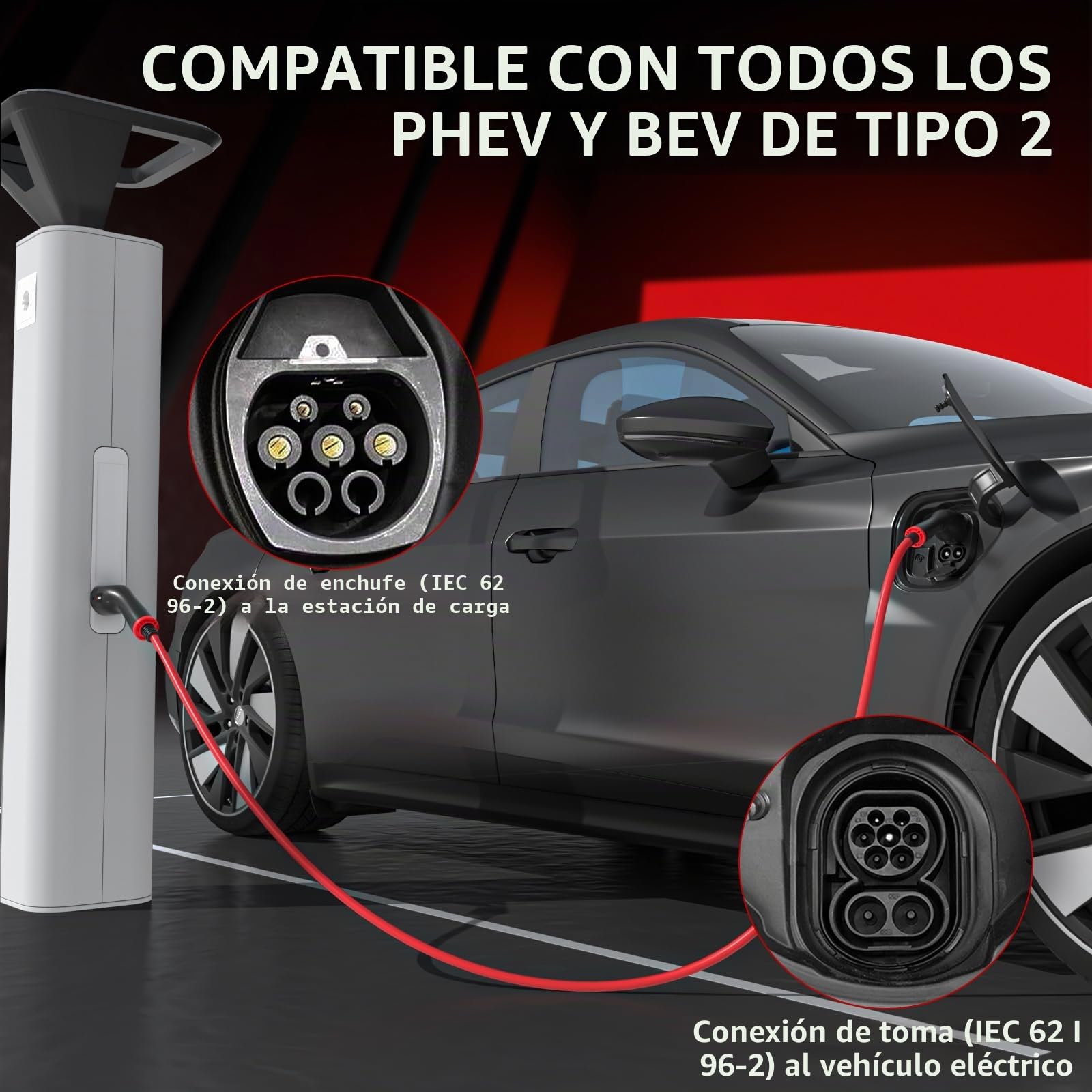 Cable de Carga para EV Tipo 2 8 m 22 kW, 32 A Trifásico | Modo 3 Cable de Carga Rápida Híbrido Enchufable para Vehículo Eléctrico Tipo 2 | para Model Y/3/ID.4/IONIQ 5/EV6/Spring/5 E-Tech