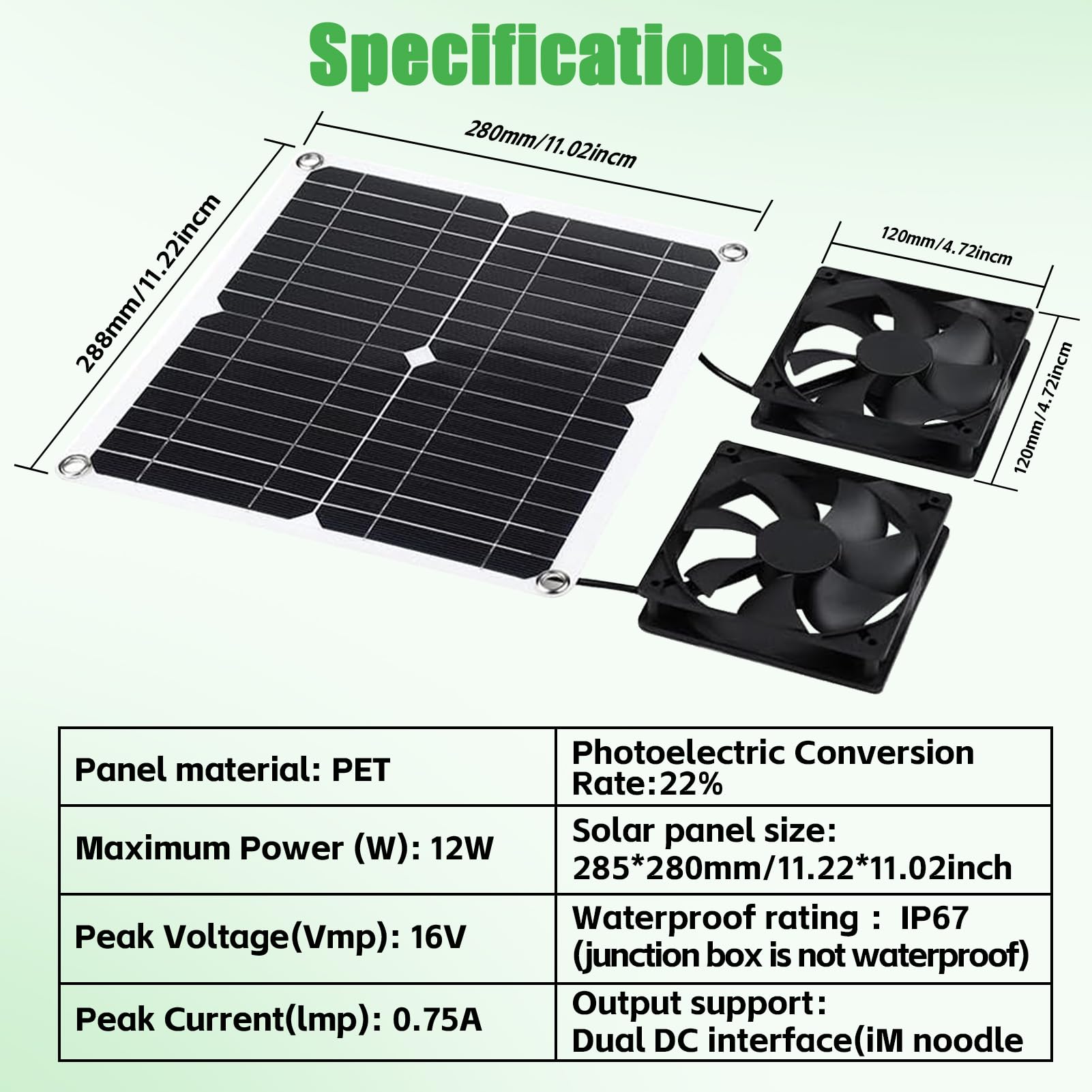 Ventola solare da 12 W, ventola di scarico per case di animali domestici, esterni, serre, capannoni, aspiratore o aspiratore solare