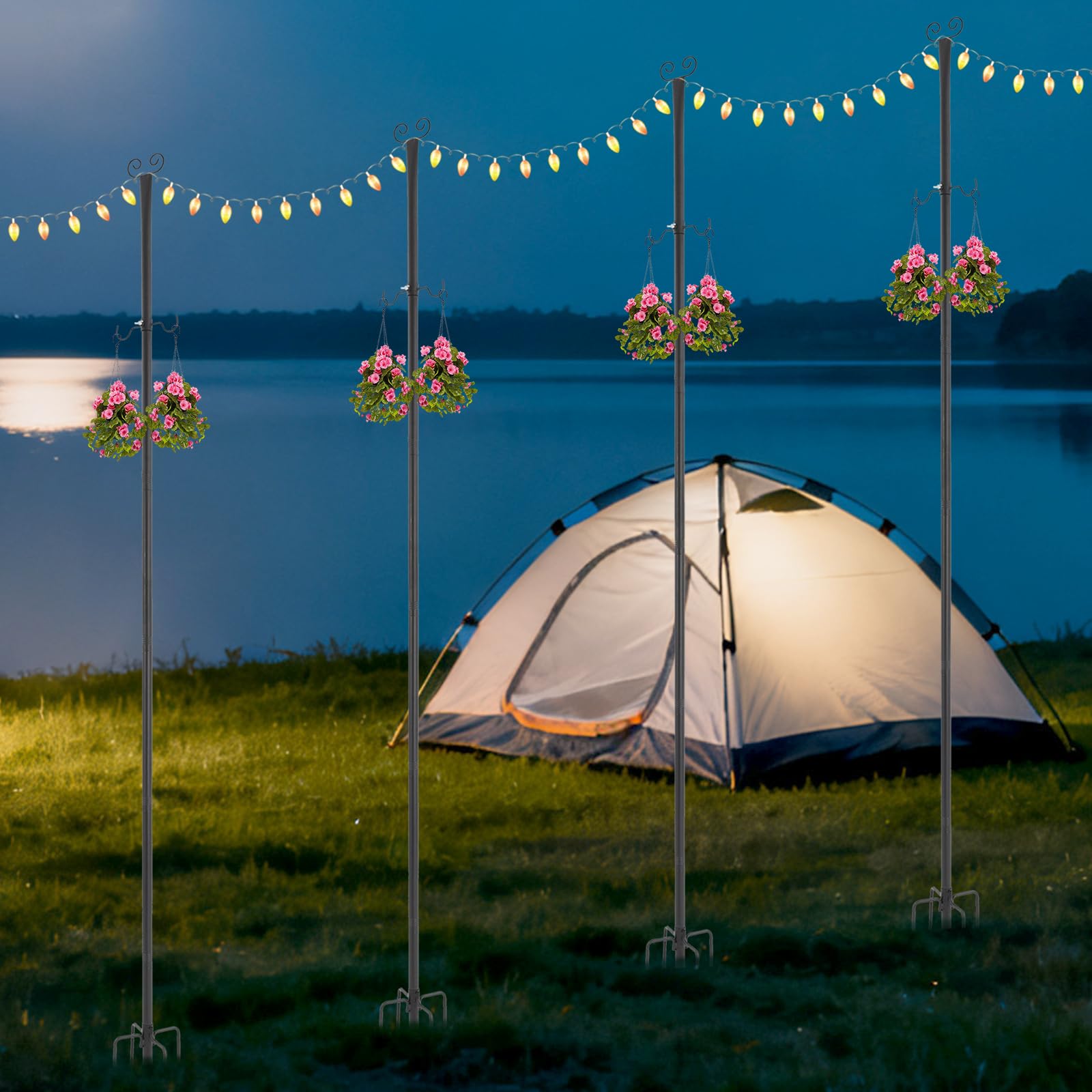 Lichterkettenmast 2.7m Stangen zum Aufhängen von dekorativen Lichtern, Lichterketten, Weihnachtsbeleuchtung aus Eisen, Lichterketten für den Außenbereich, für Fest,Party,hochzeit,Geburtstag (4)