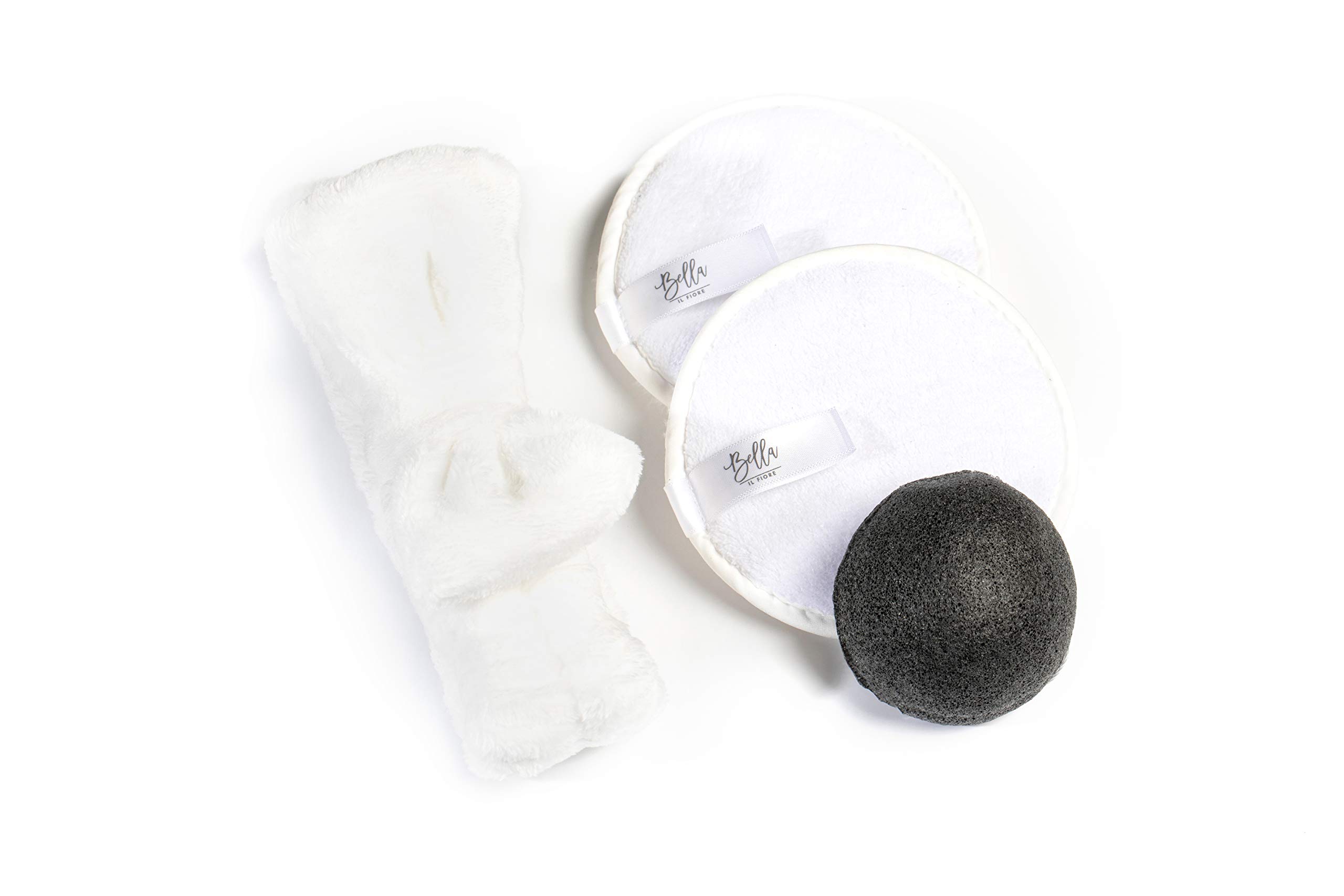 Freshy Face Set - White Bow Headband, Konjac Sponge (Charcoal), 2 Cleansing Pads (White)