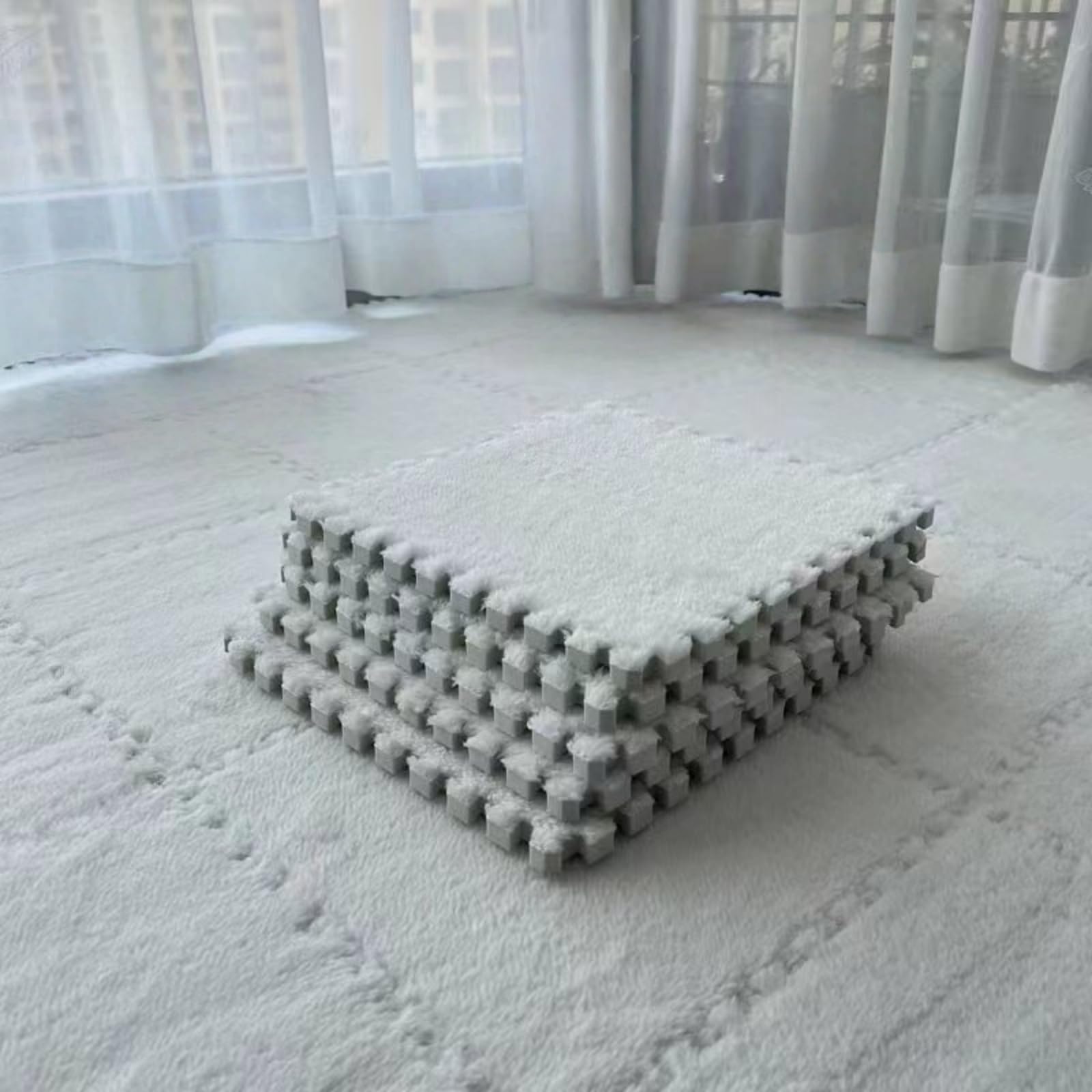 Hiseng 5/10 pcs Interlocking Foam Floor Tiles 30x30cm, Squares Puzzle Carpet Tiles Plush Floor Mats Soft Shaggy Foam Rug for Kids Bedroom Living Room Home Decoration, Solid Colors (White,5pc)