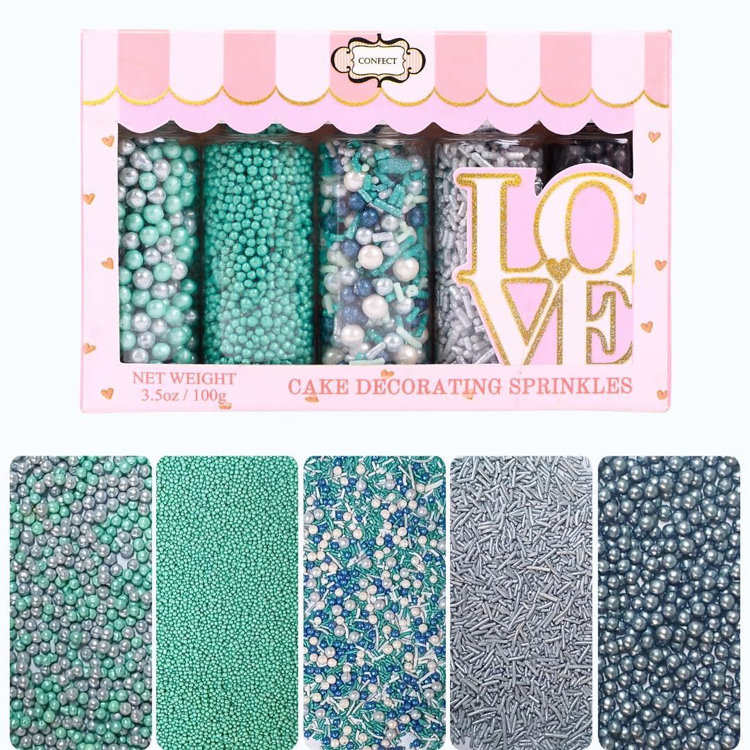 Confect Sprinkles for Cakes & Cupcakes Decoration | Pack of 5 ​​Edible Sprinkles | Navy Blue & Teal Dragees Green & White Jimmies Bright Blue Sparkling Sugar - 100 Gms (B0B51GXXLD) Amazon Price History, Amazon Price Tracker