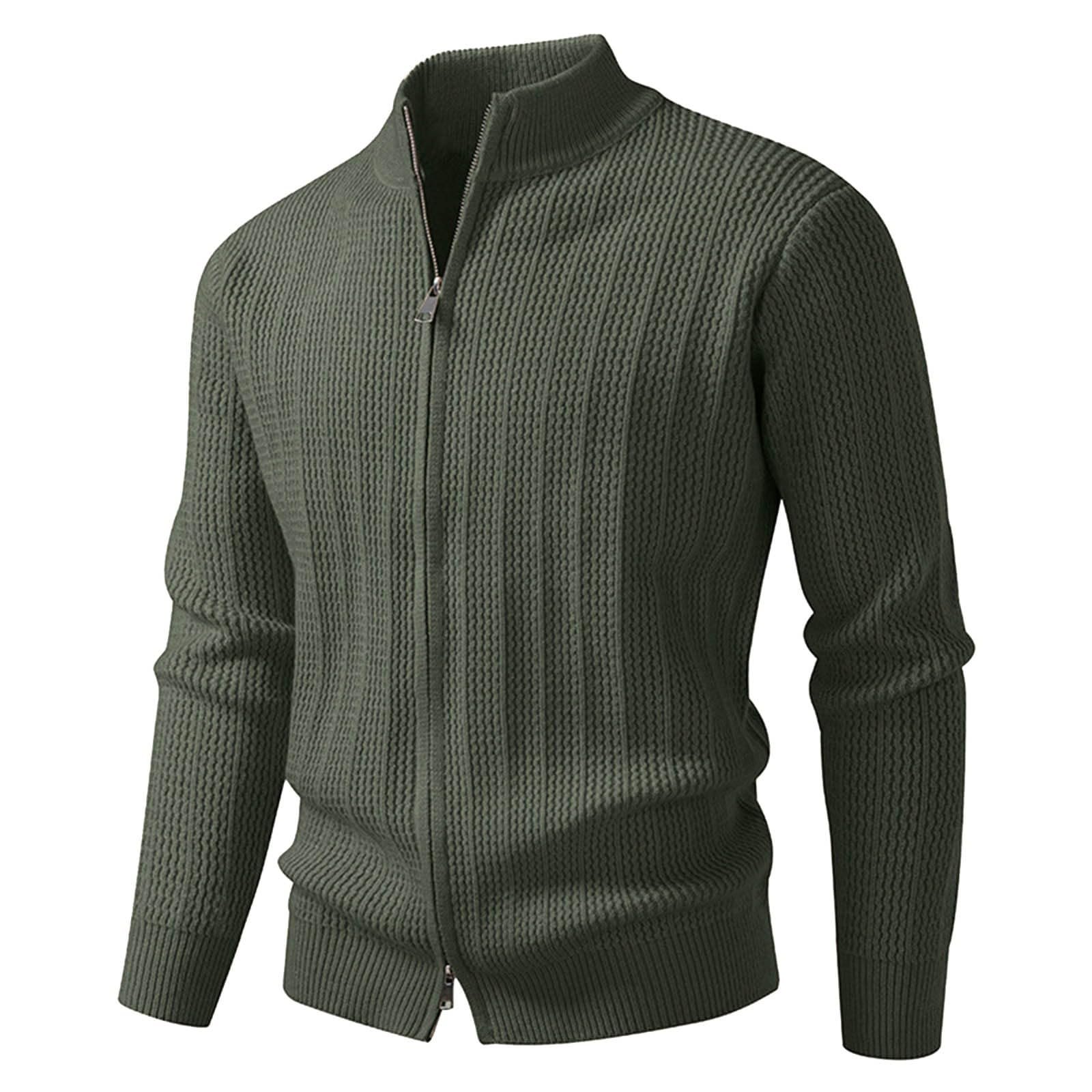 Suéter de punto informal de invierno con cremallera y cuello medio alto, cómodo y cálido, con forro polar, para clima frío.