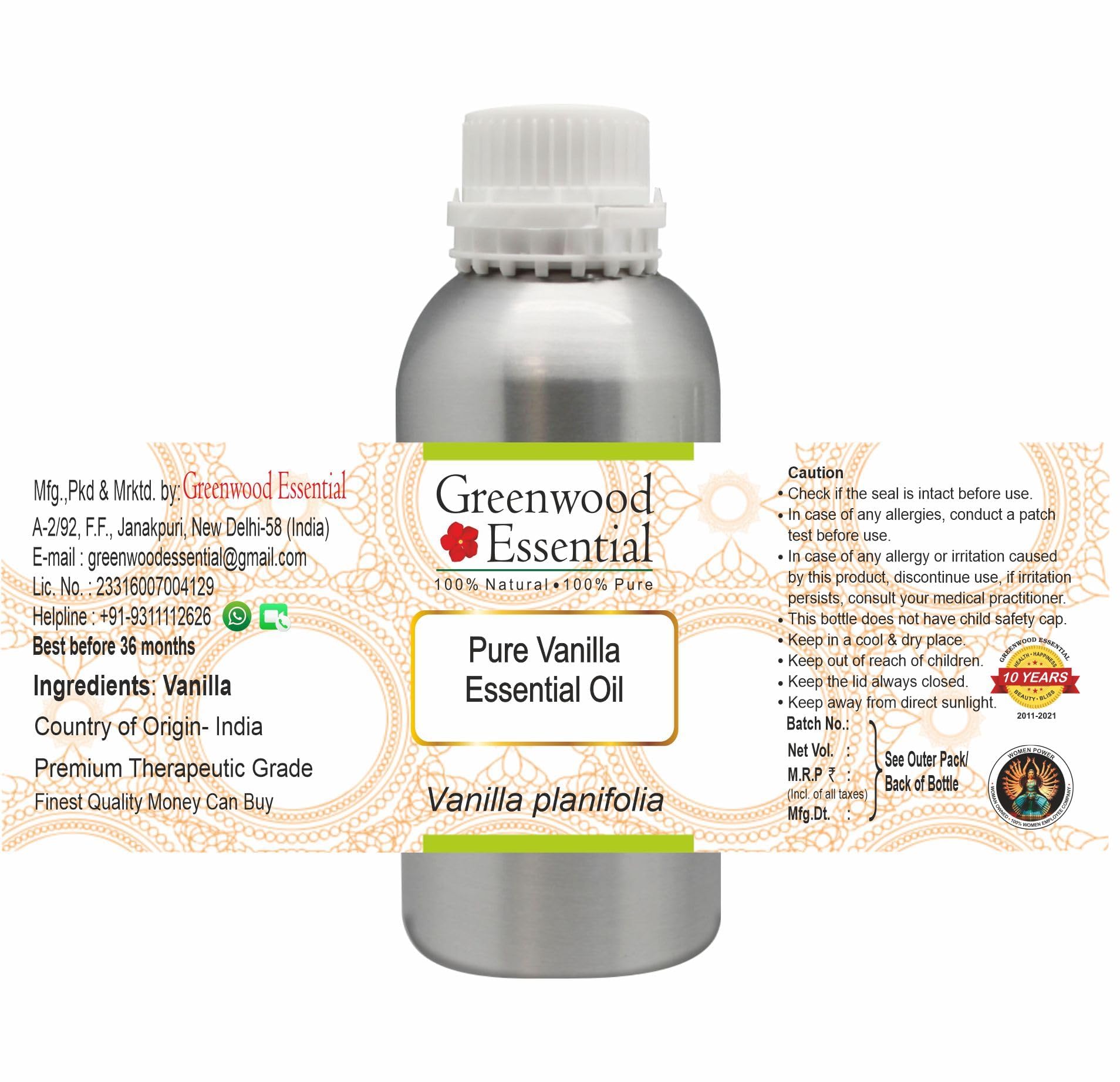 Greenwood Essential Reines Vanille-Aroma-Öl (geeignet für Aroma-Diffuser), 100 % natürlich, therapeutische Qualität, 1250 ml
